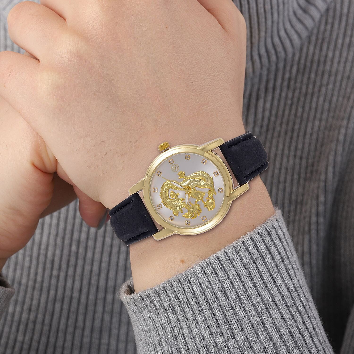 STRADA Japan Movt. Crystal Studded Gold Dragon White Dial Watch with Black Leatherette Strap