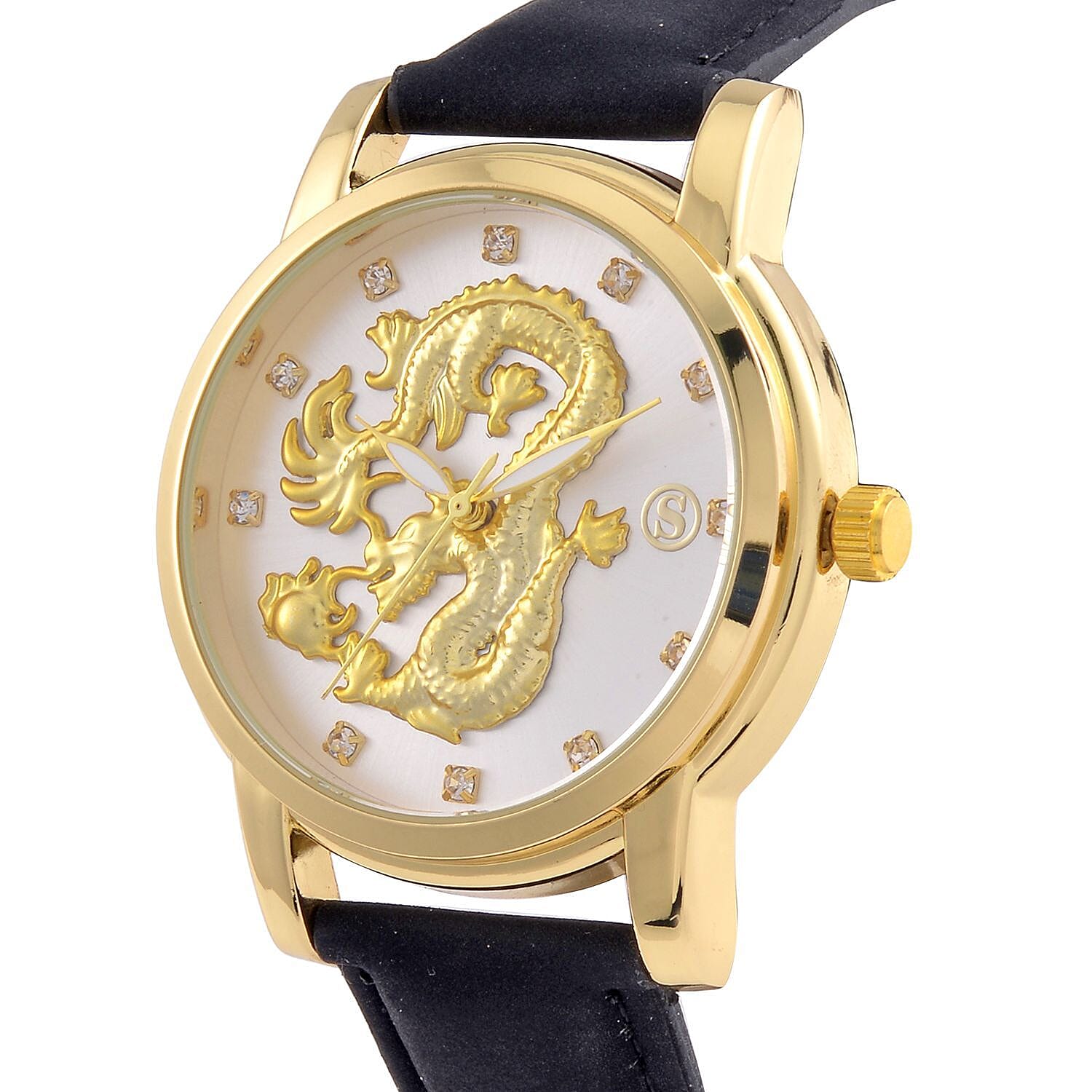 STRADA Japan Movt. Crystal Studded Gold Dragon White Dial Watch with Black Leatherette Strap