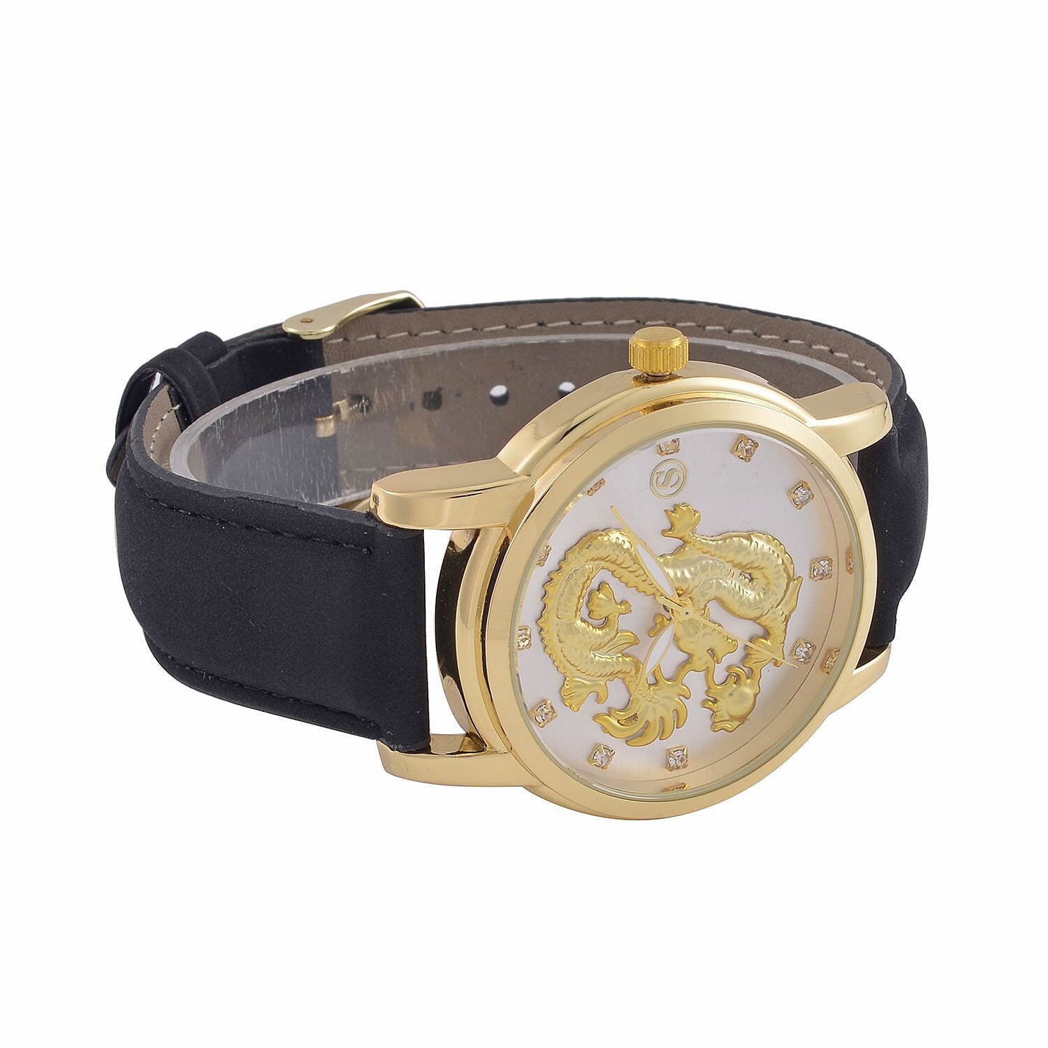 STRADA Japan Movt. Crystal Studded Gold Dragon White Dial Watch with Black Leatherette Strap