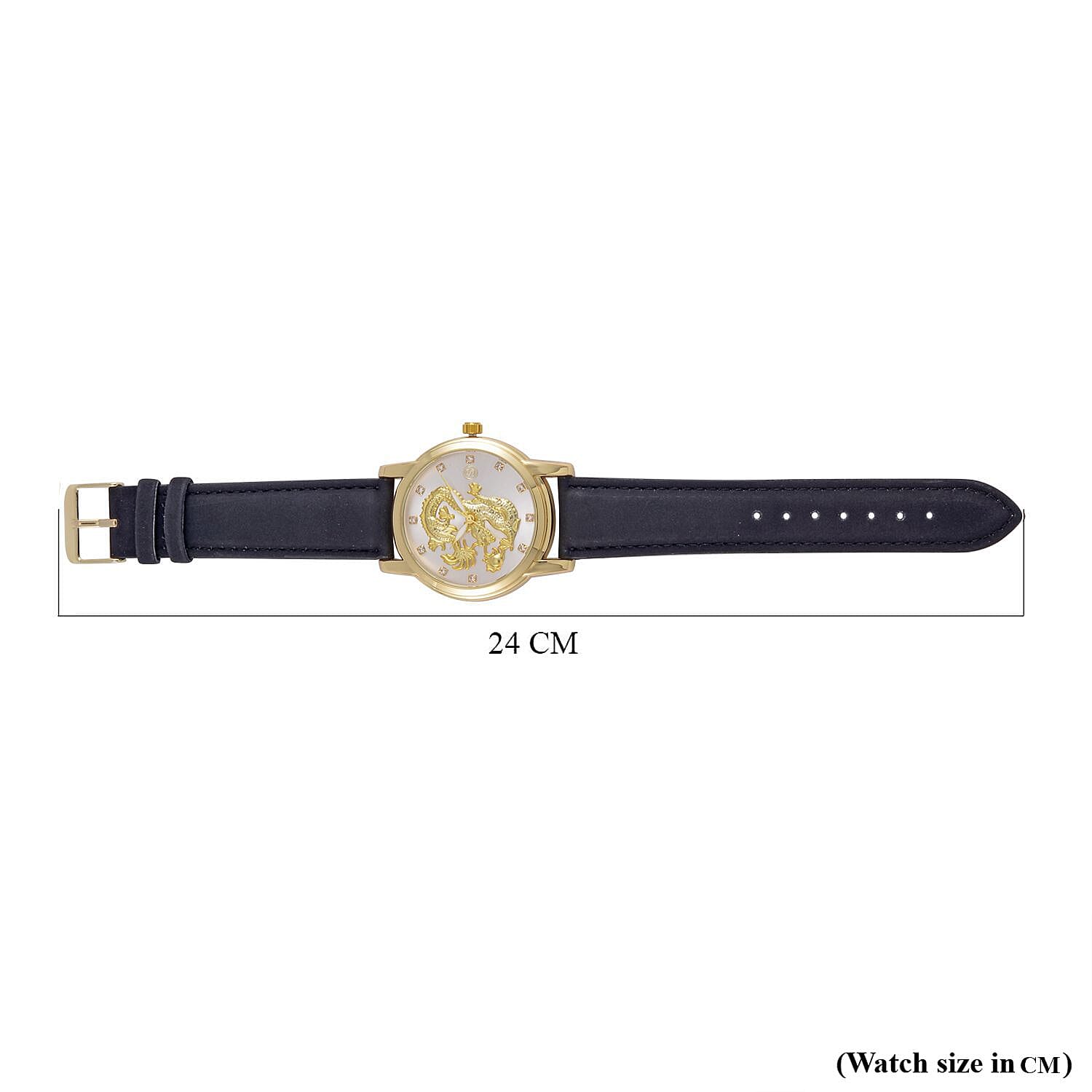 STRADA Japan Movt. Crystal Studded Gold Dragon White Dial Watch with Black Leatherette Strap