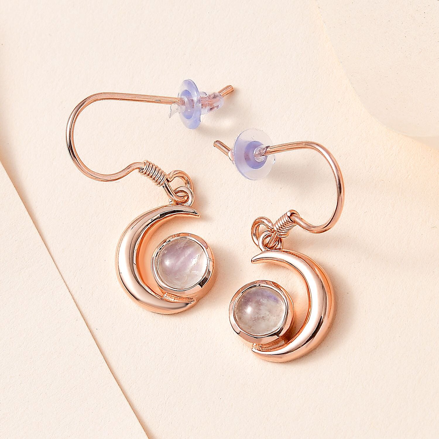 Rainbow Moonstone Dangling Earrings in 18K Rose Gold Vermeil Plated Sterling Silver 1.93 Ct.
