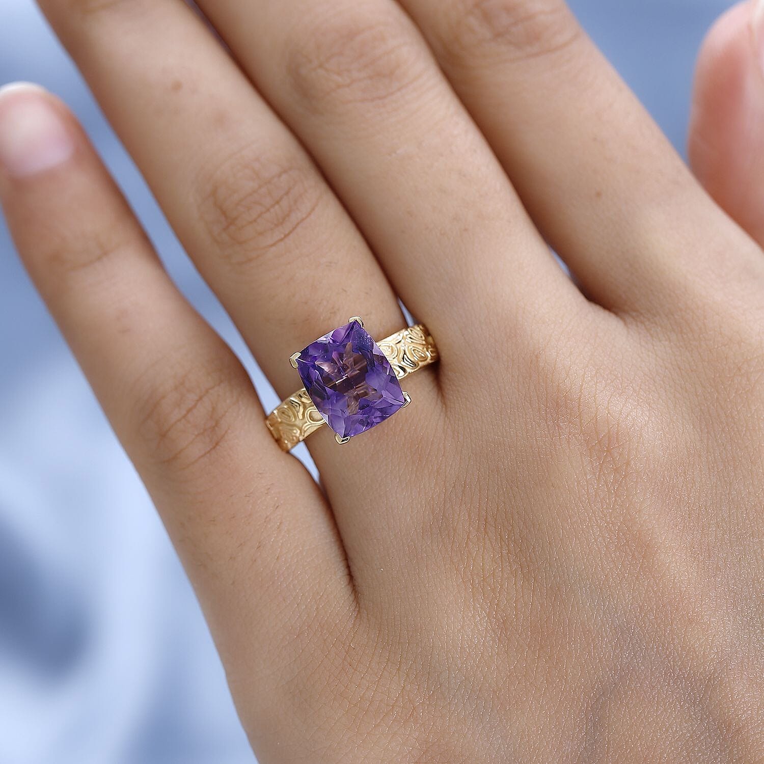 Moroccan Amethyst Solitaire Ring in 18K Yellow Gold Vermeil Plated Sterling Silver 4.10 Ct.