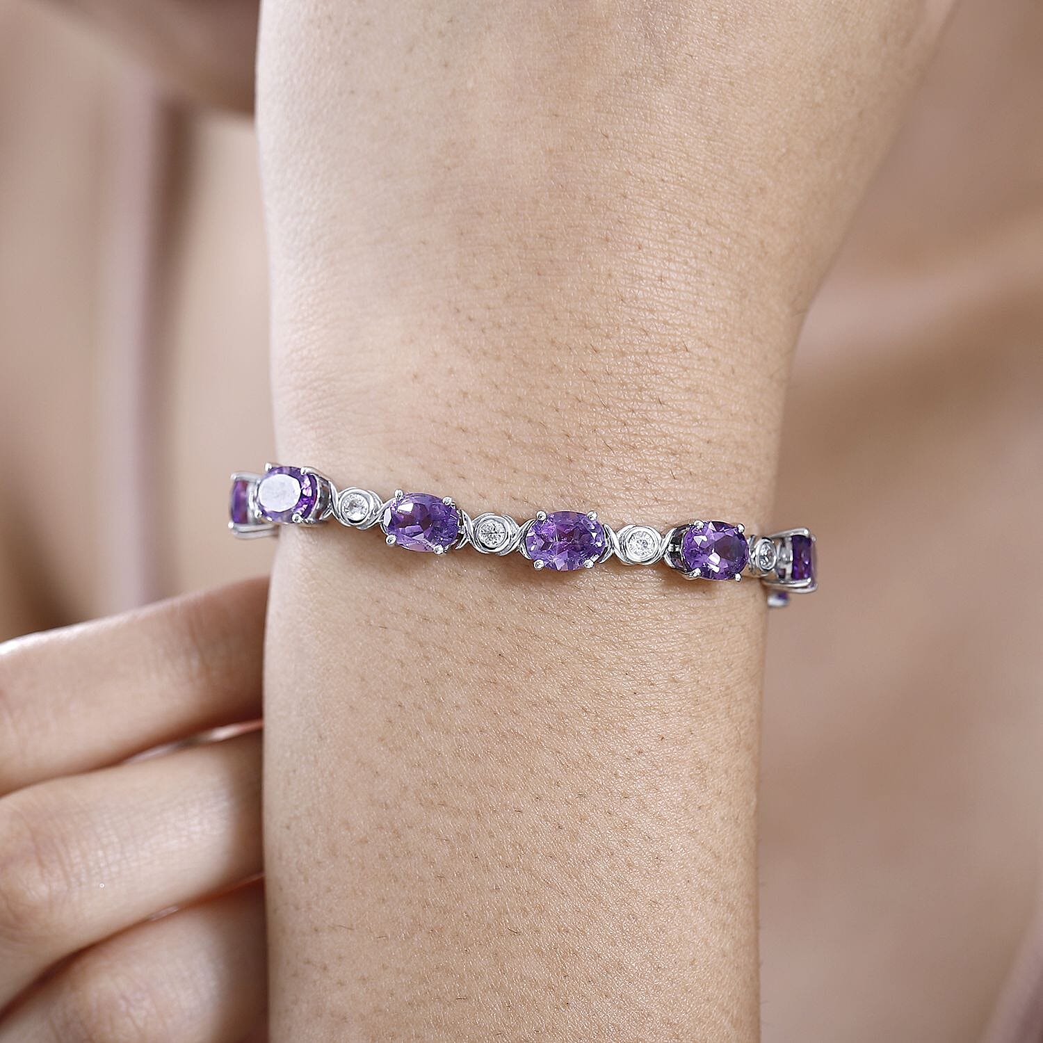 Moroccan Amethyst and Natural Zircon Tennis Bracelet (Size - 7) in Platinum Overlay Sterling Silver 18.96 Ct, Silver Wt. 13.69 Gms