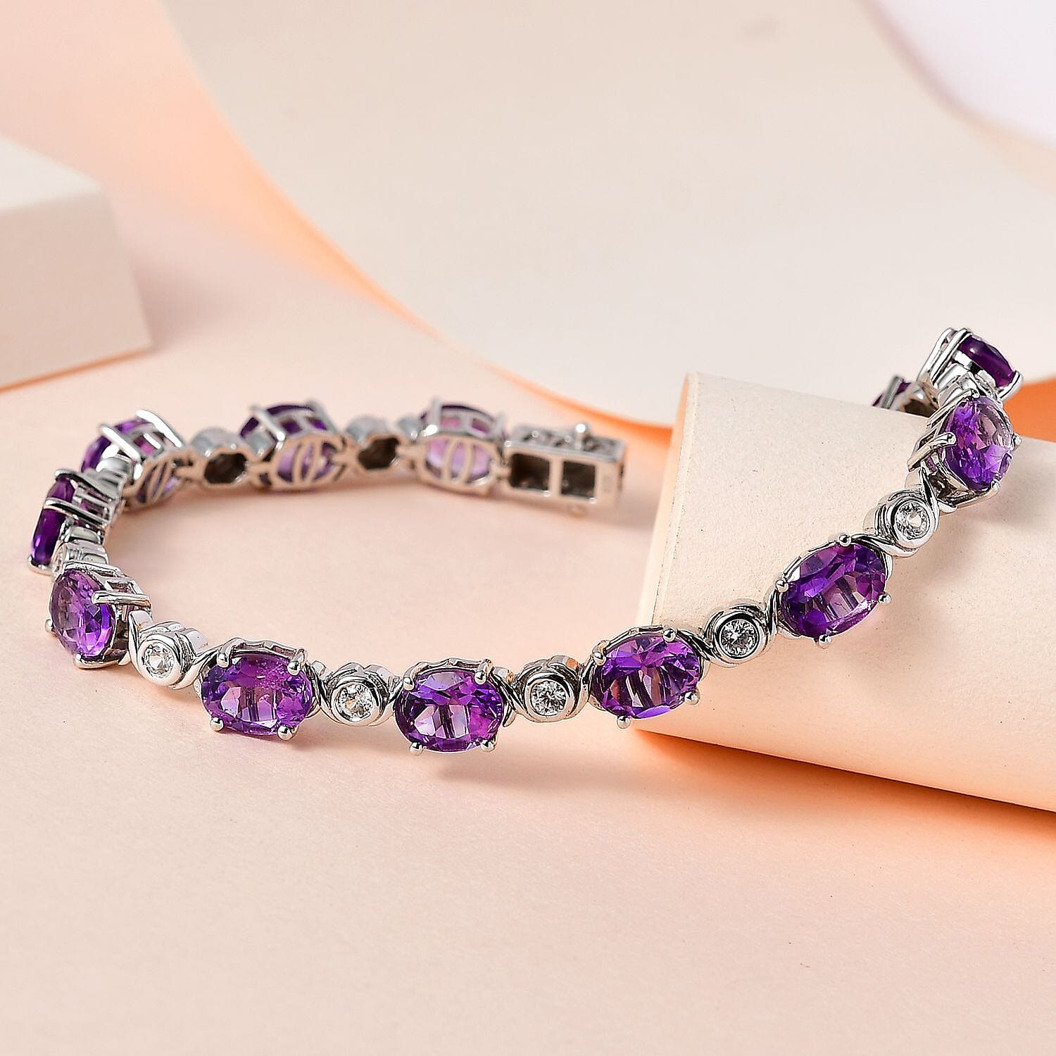 Moroccan Amethyst and Natural Zircon Tennis Bracelet (Size - 7.5) in Platinum Overlay Sterling Silver 16.80 Ct, Silver Wt. 14.10 Gms