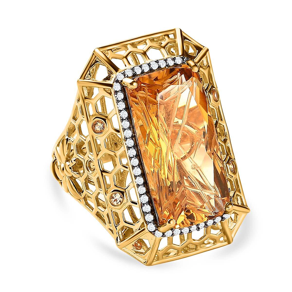 GP- Honeycomb Collection - (Fantasy Cut) Citrine and Natural Zircon Ring in 18K Vermeil Yellow Gold Plated Sterling Silver 11.60 Ct