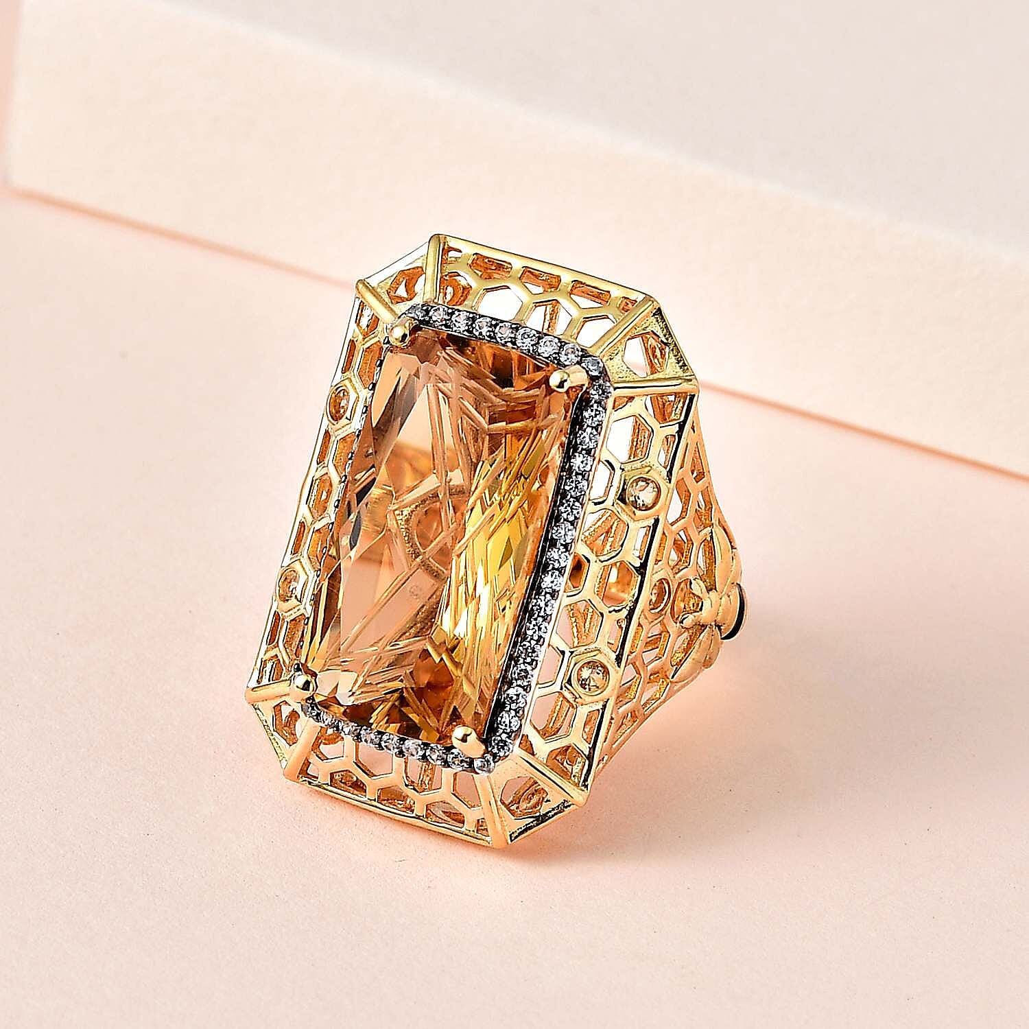 GP- Honeycomb Collection - (Fantasy Cut) Citrine and Natural Zircon Ring in 18K Vermeil Yellow Gold Plated Sterling Silver 11.60 Ct