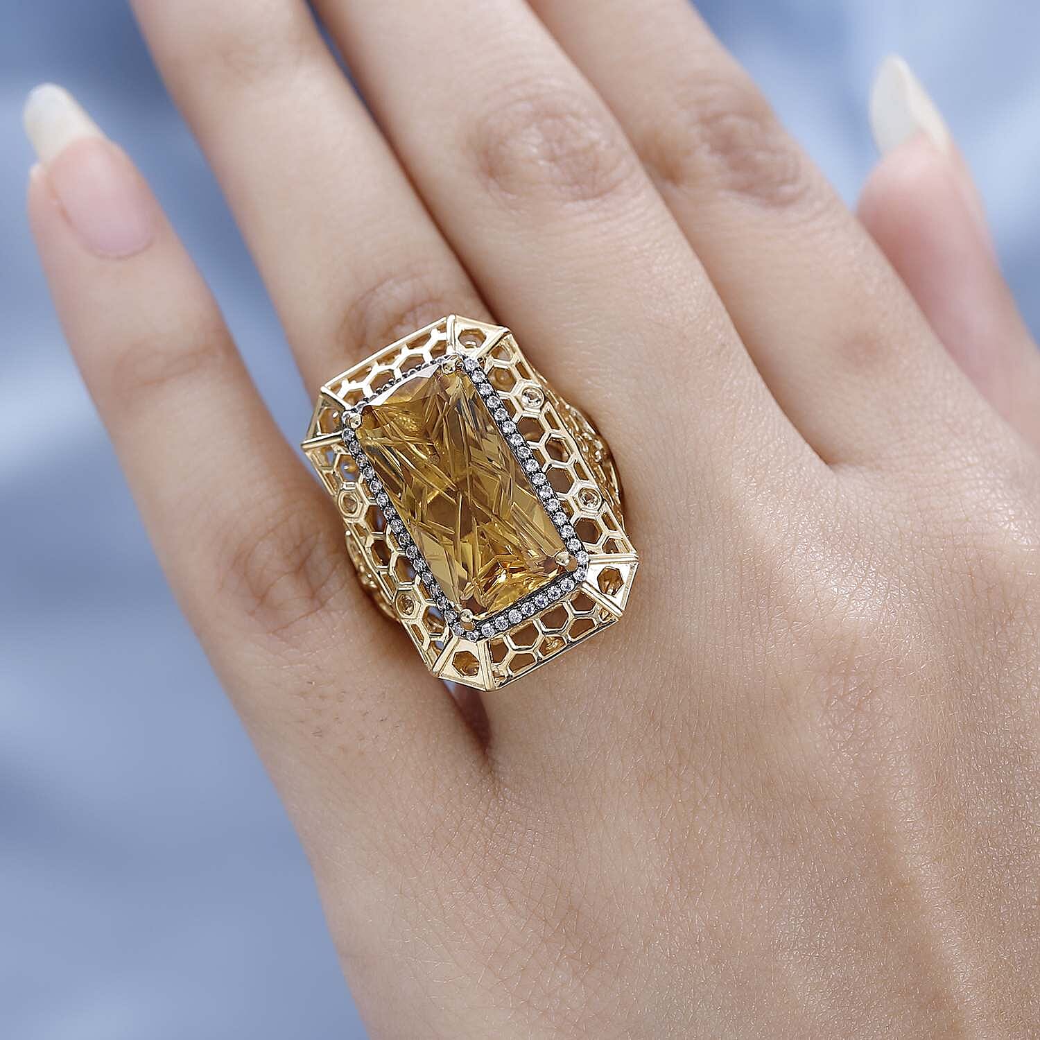 GP- Honeycomb Collection - (Fantasy Cut) Citrine and Natural Zircon Ring in 18K Vermeil Yellow Gold Plated Sterling Silver 11.60 Ct