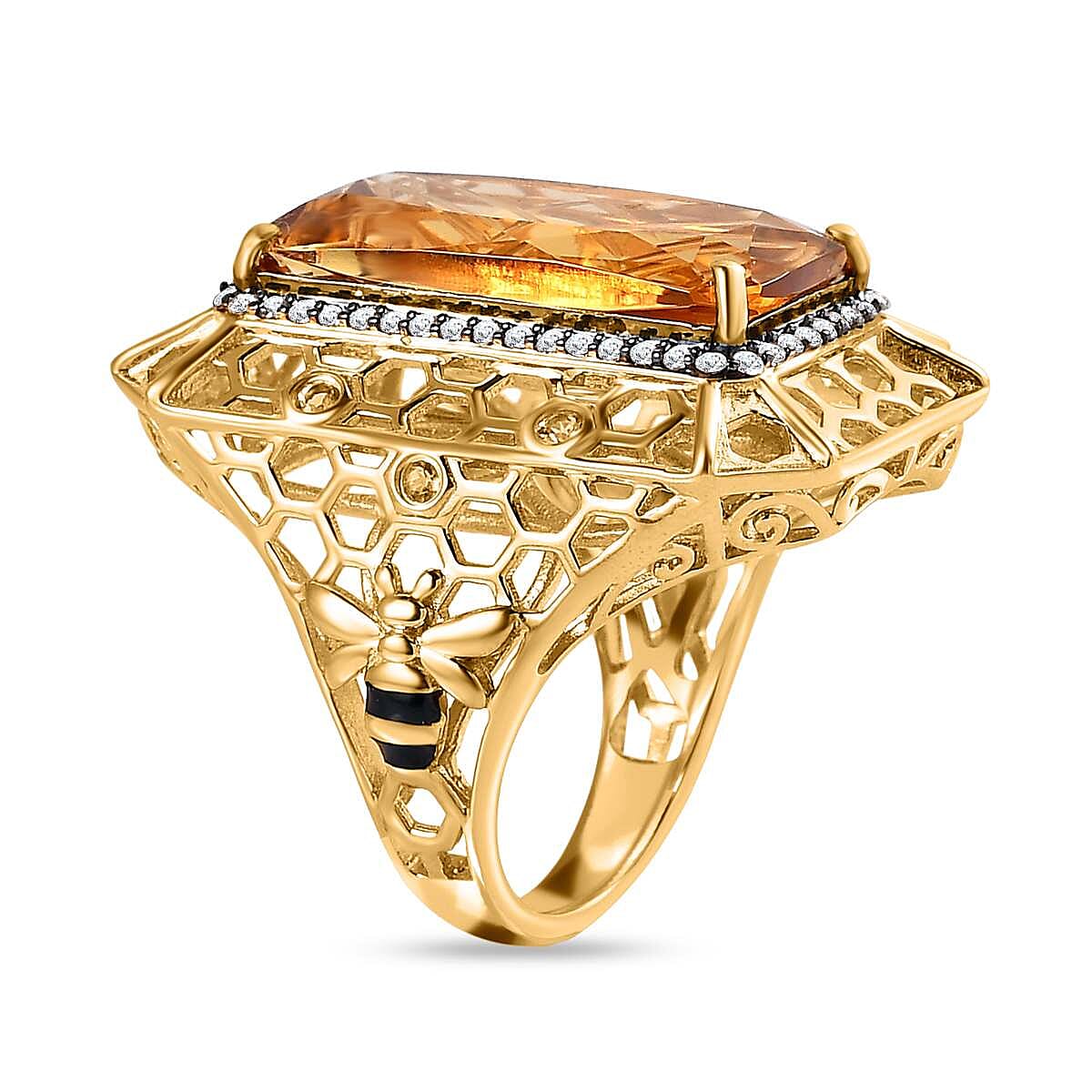 GP- Honeycomb Collection - (Fantasy Cut) Citrine and Natural Zircon Ring in 18K Vermeil Yellow Gold Plated Sterling Silver 11.60 Ct