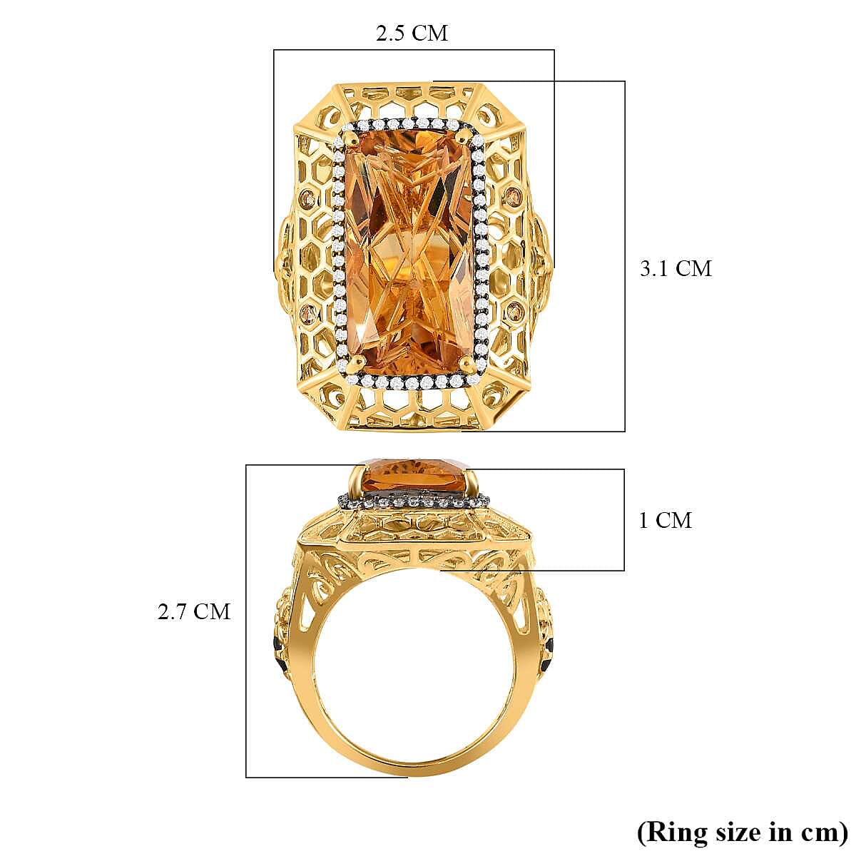 GP- Honeycomb Collection - (Fantasy Cut) Citrine and Natural Zircon Ring in 18K Vermeil Yellow Gold Plated Sterling Silver 11.60 Ct