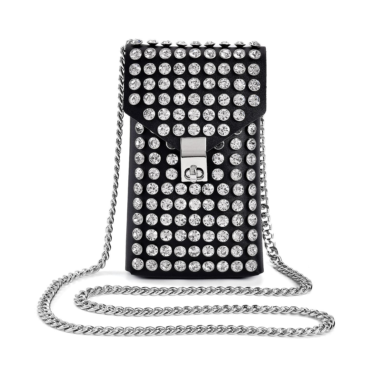 Crystal Studded Leatherette Crossbody Bag With Chain Shoulder Strap - White