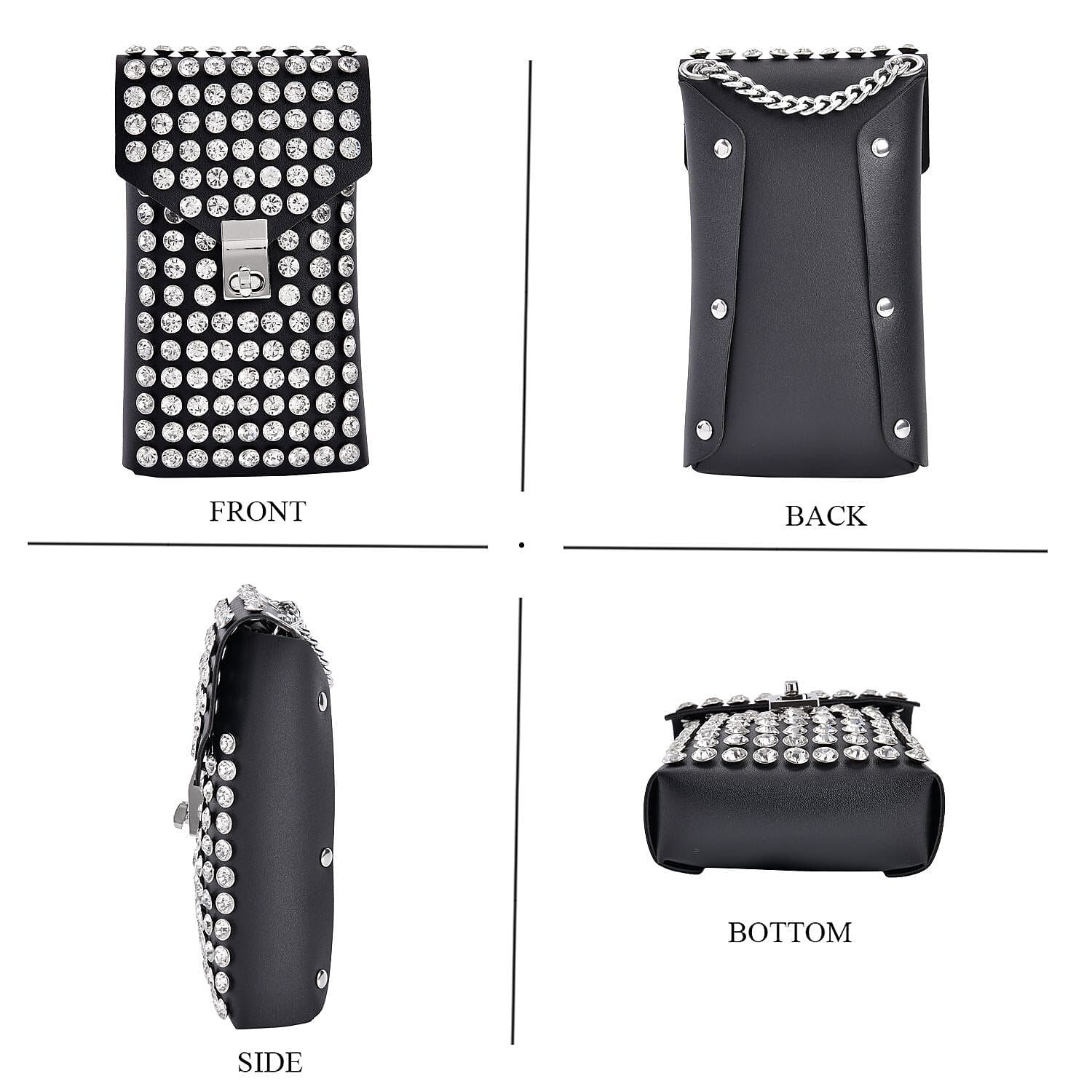 Crystal Studded Leatherette Crossbody Bag With Chain Shoulder Strap - White