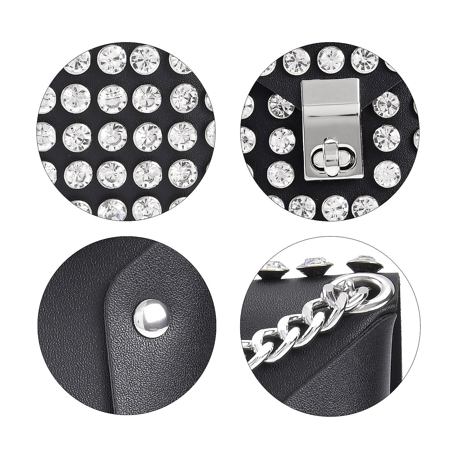 Crystal Studded Leatherette Crossbody Bag With Chain Shoulder Strap - White