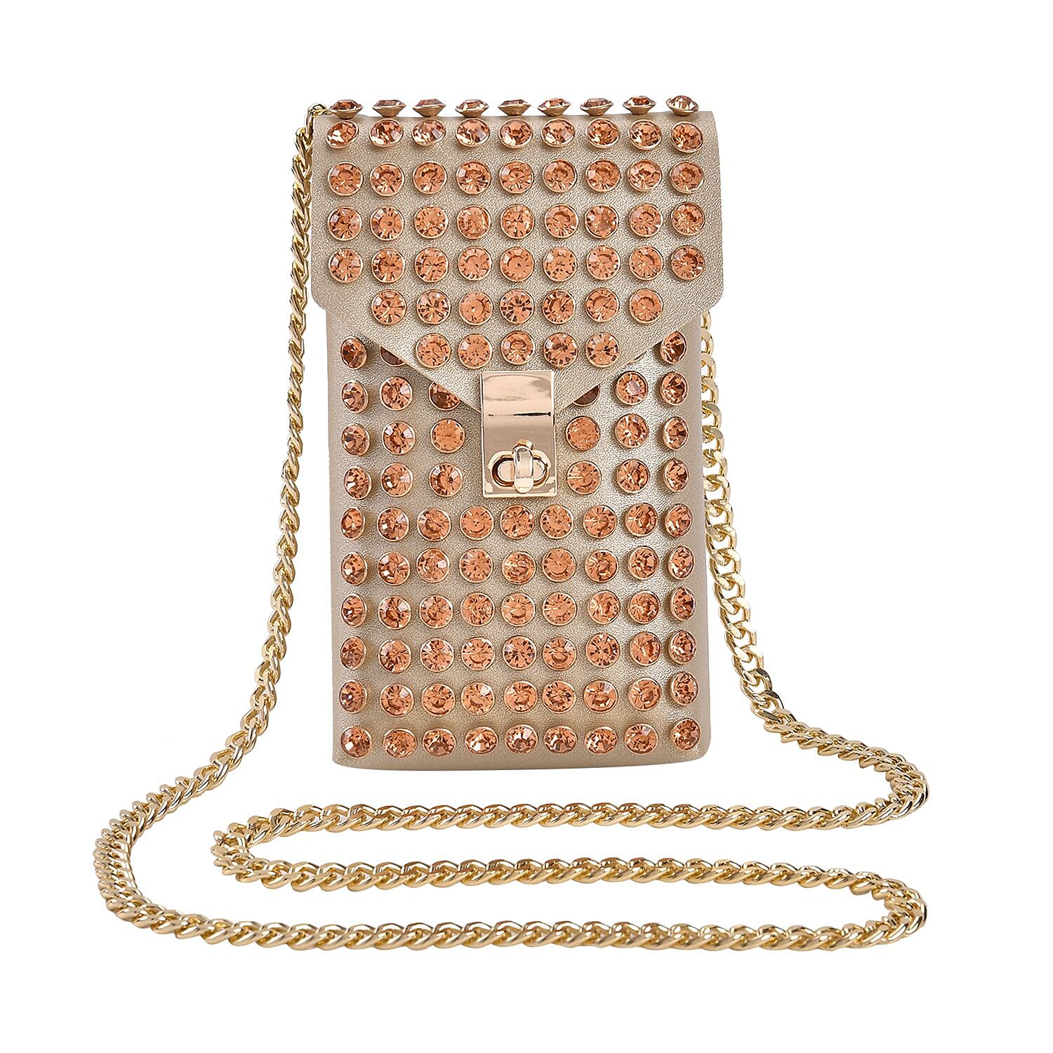 Crystal Studded Leatherette Crossbody Bag With Chain Shoulder Strap - Champagne