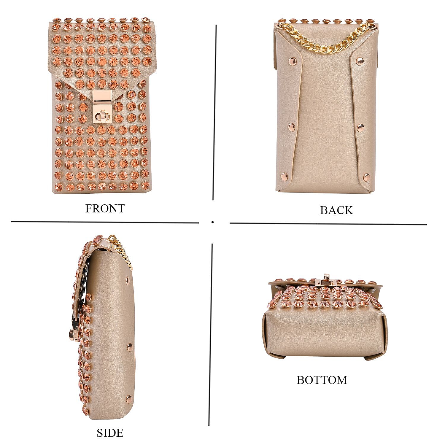 Crystal Studded Leatherette Crossbody Bag With Chain Shoulder Strap - Champagne