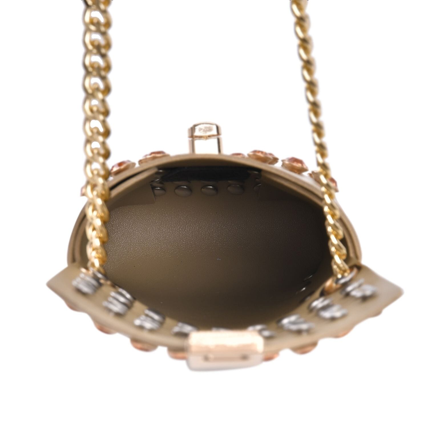 Crystal Studded Leatherette Crossbody Bag With Chain Shoulder Strap - Champagne