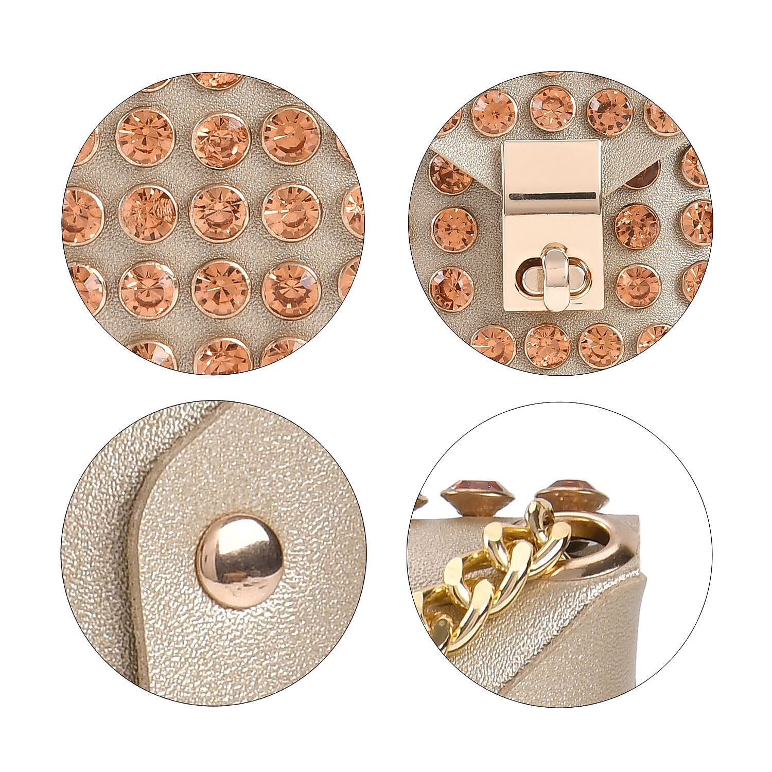 Crystal Studded Leatherette Crossbody Bag With Chain Shoulder Strap - Champagne