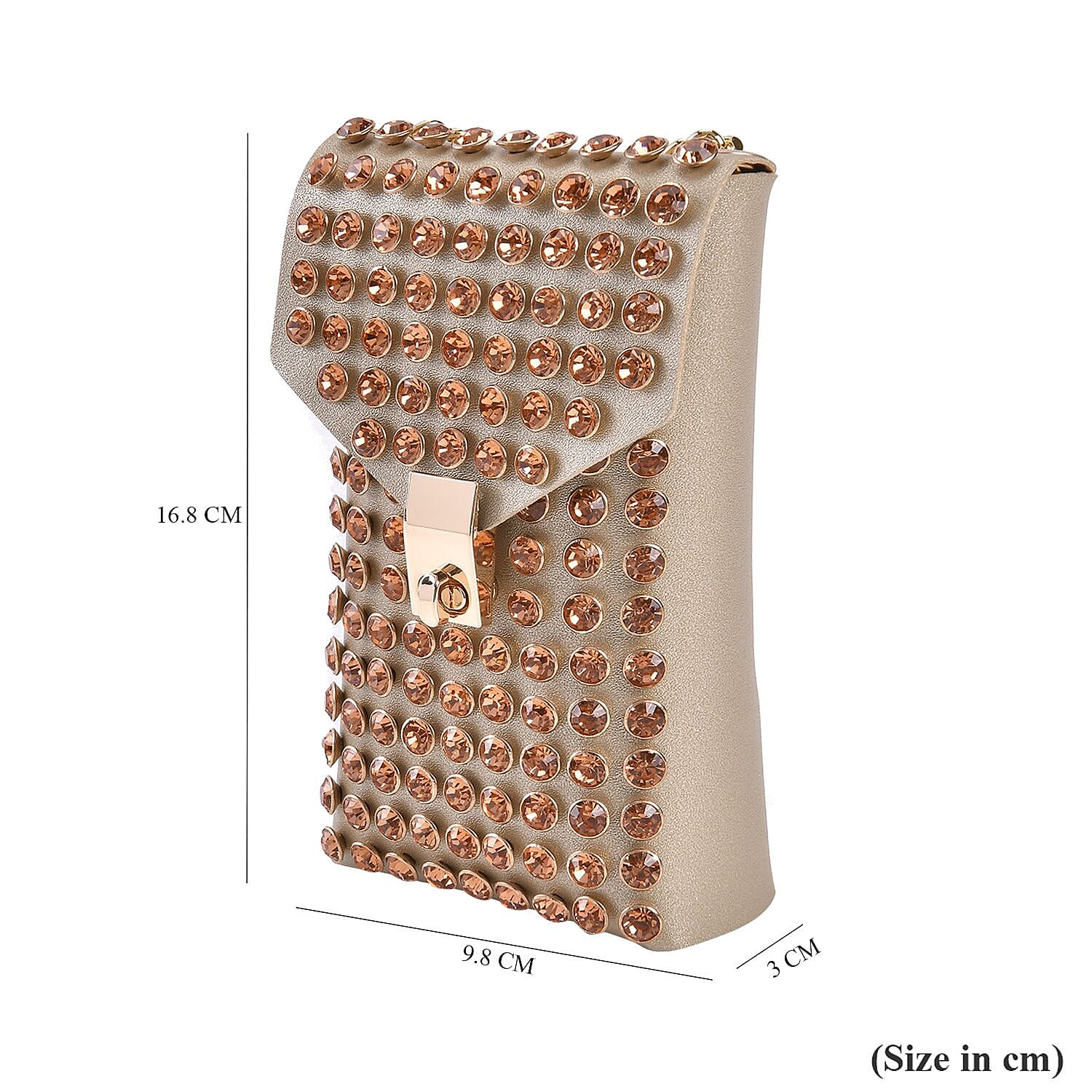 Crystal Studded Leatherette Crossbody Bag With Chain Shoulder Strap - Champagne
