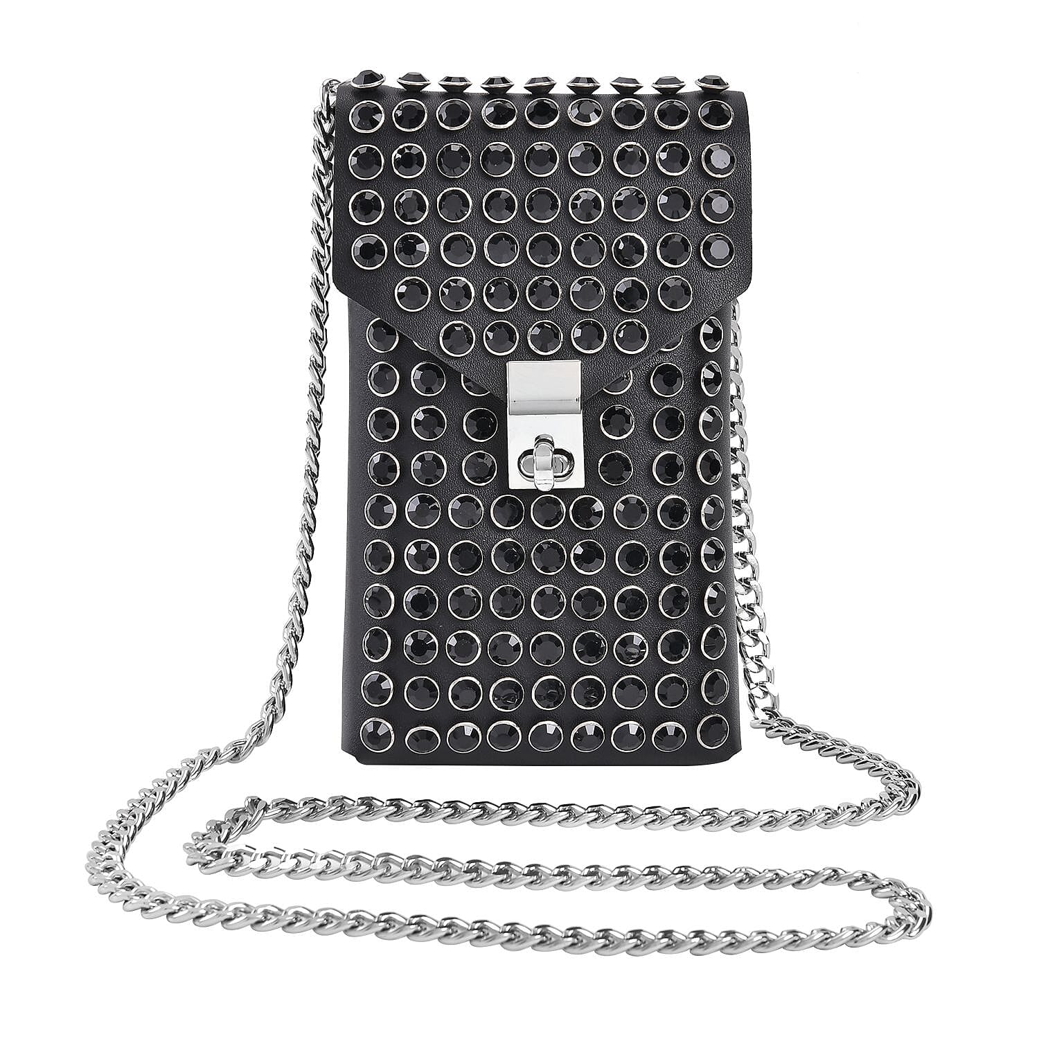 Crystal Studded Leatherette Crossbody Bag With Chain Shoulder Strap - Black