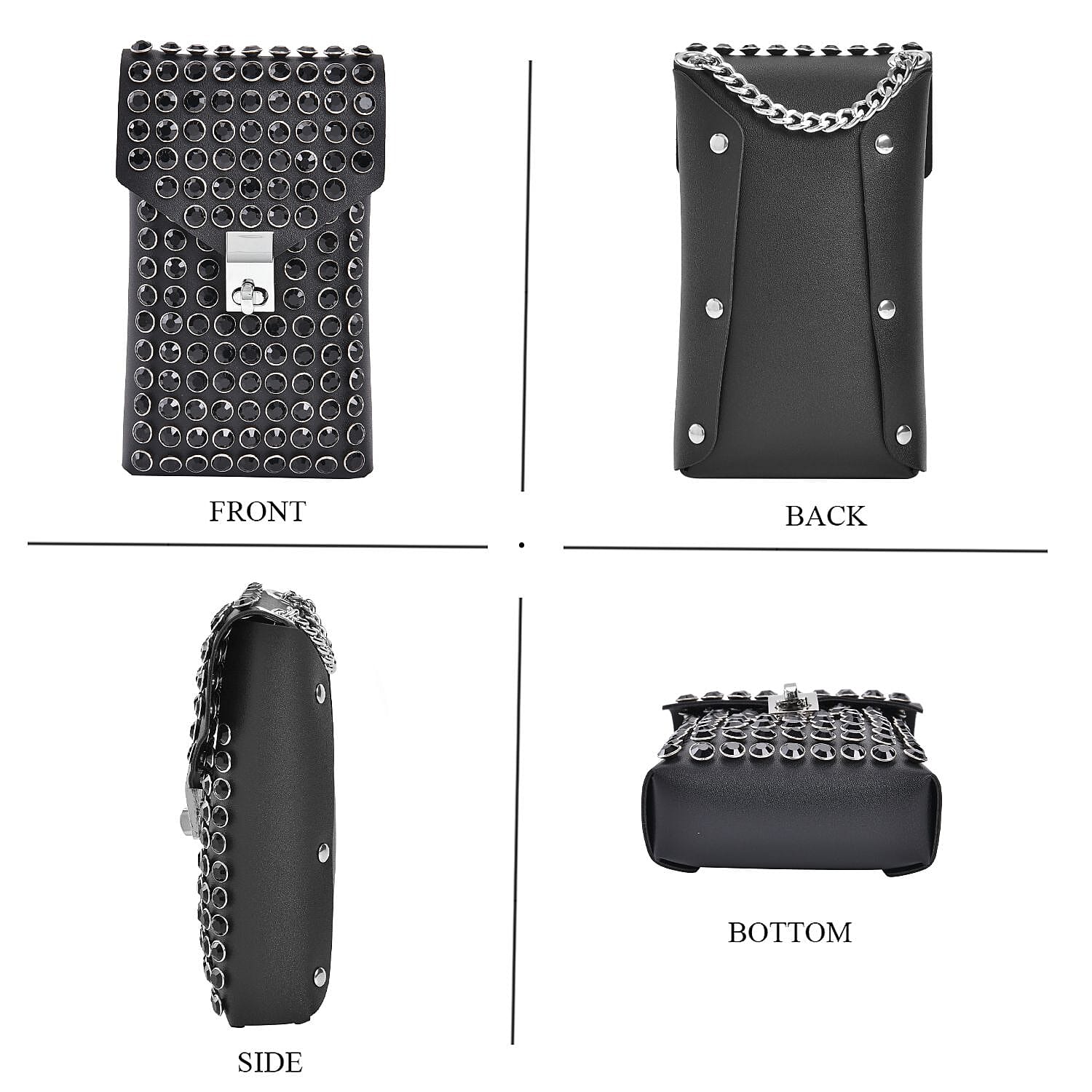 Crystal Studded Leatherette Crossbody Bag With Chain Shoulder Strap - Black