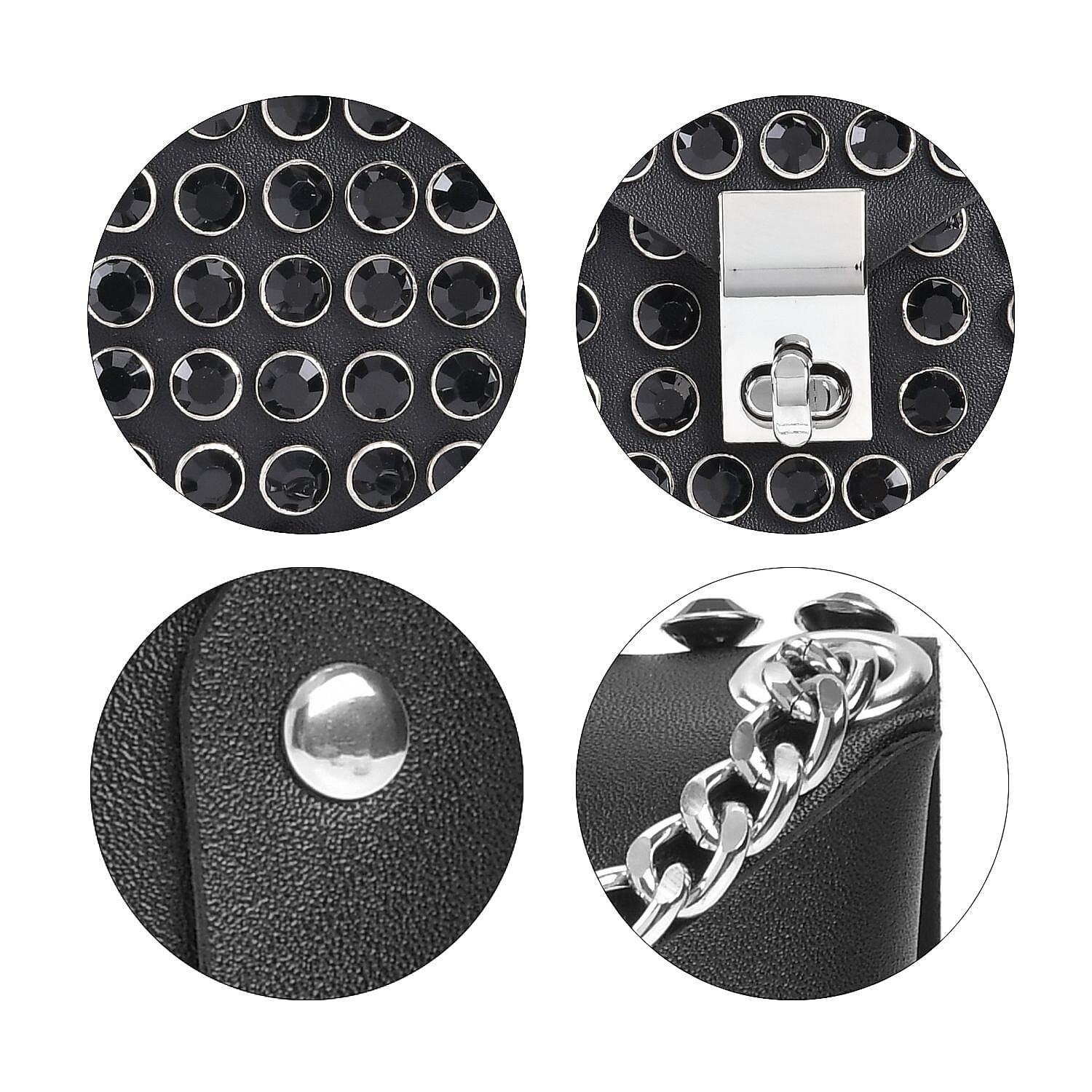 Crystal Studded Leatherette Crossbody Bag With Chain Shoulder Strap - Black