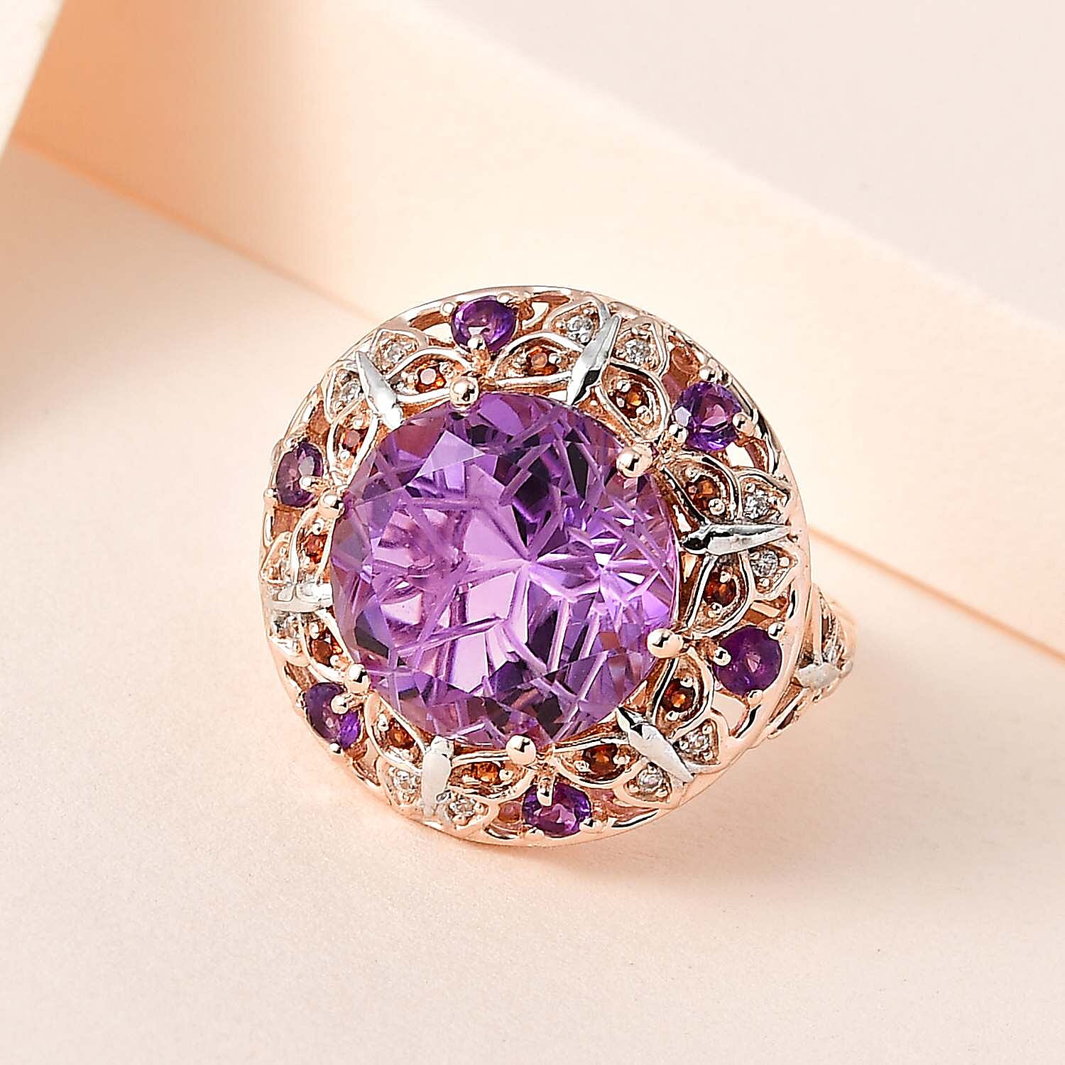 GP Italian Garden Collection - (Lotus Cut) Ultimate Rose De France Amethyst and Multi Gemstone Ring in 18K Vermeil Rose Gold Plated Sterling Silver 9.00 Ct