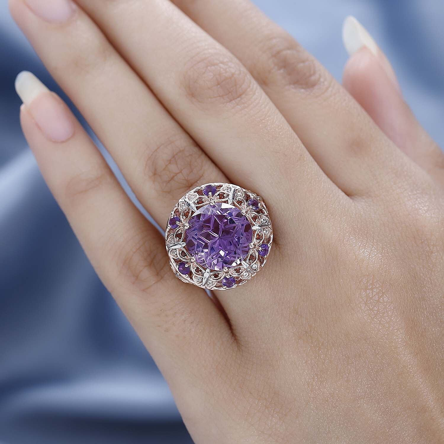 GP Italian Garden Collection - (Lotus Cut) Ultimate Rose De France Amethyst and Multi Gemstone Ring in 18K Vermeil Rose Gold Plated Sterling Silver 9.00 Ct