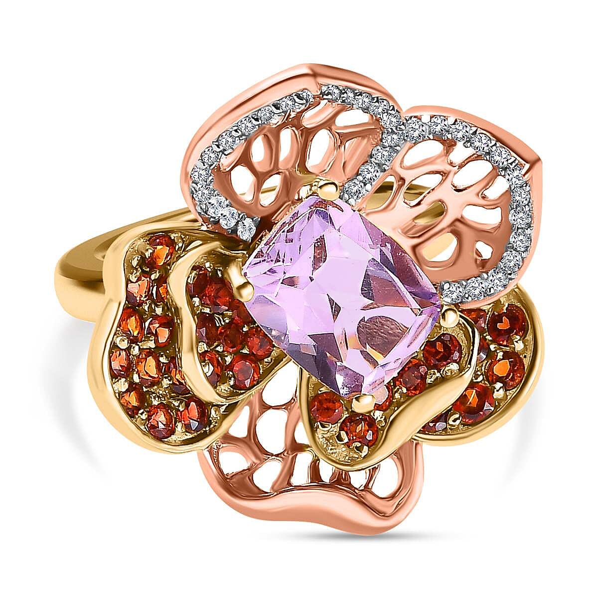 GP- Italian Garden Collection - Ultimate Rose De France Amethyst and Multi Gemstone Cluster Ring in 18K Yellow Gold Vermeil & Platinum Plated Sterling Silver 3.52 Ct