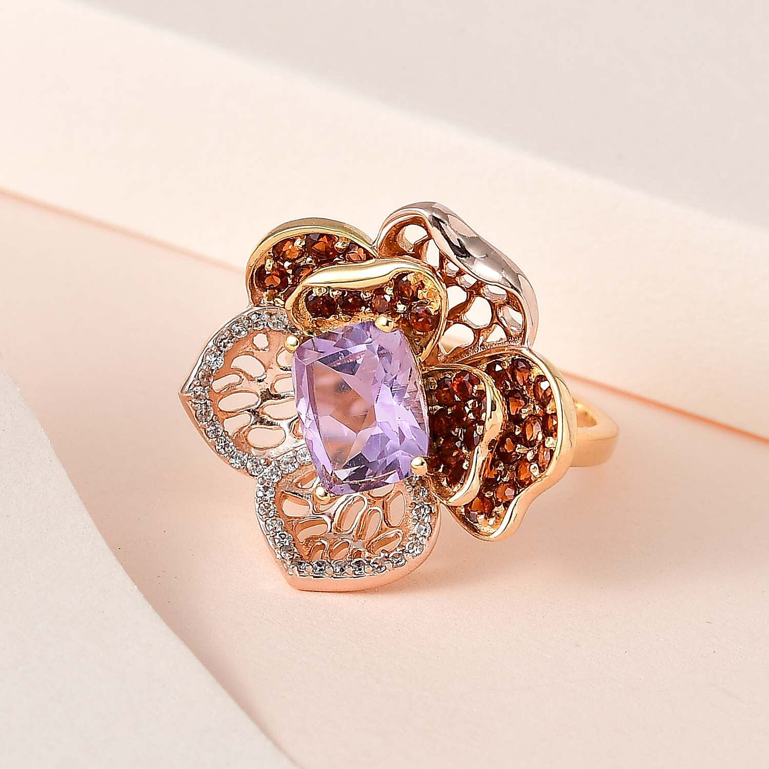 GP- Italian Garden Collection - Ultimate Rose De France Amethyst and Multi Gemstone Cluster Ring in 18K Yellow Gold Vermeil & Platinum Plated Sterling Silver 3.52 Ct