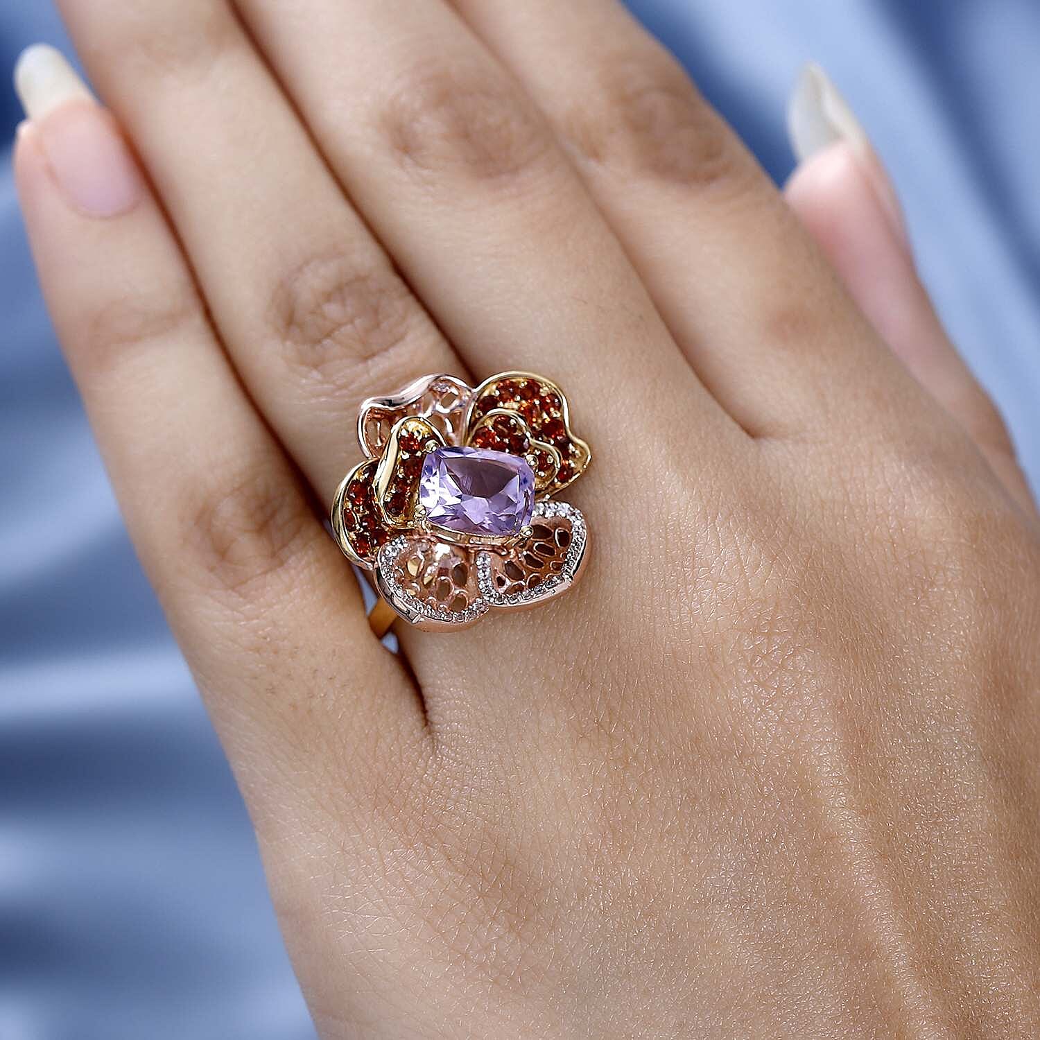 GP- Italian Garden Collection - Ultimate Rose De France Amethyst and Multi Gemstone Cluster Ring in 18K Yellow Gold Vermeil & Platinum Plated Sterling Silver 3.52 Ct