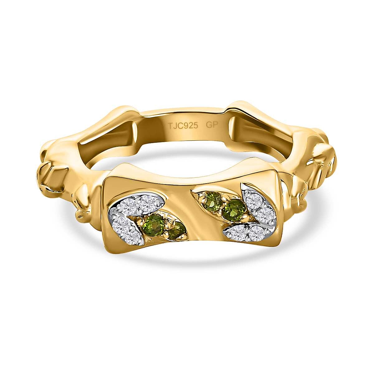 GP- Bamboo Collection - Natural Chrome Diopside and Natural Zircon Ring in 18K Vermeil Yellow Gold Plated Sterling Silver