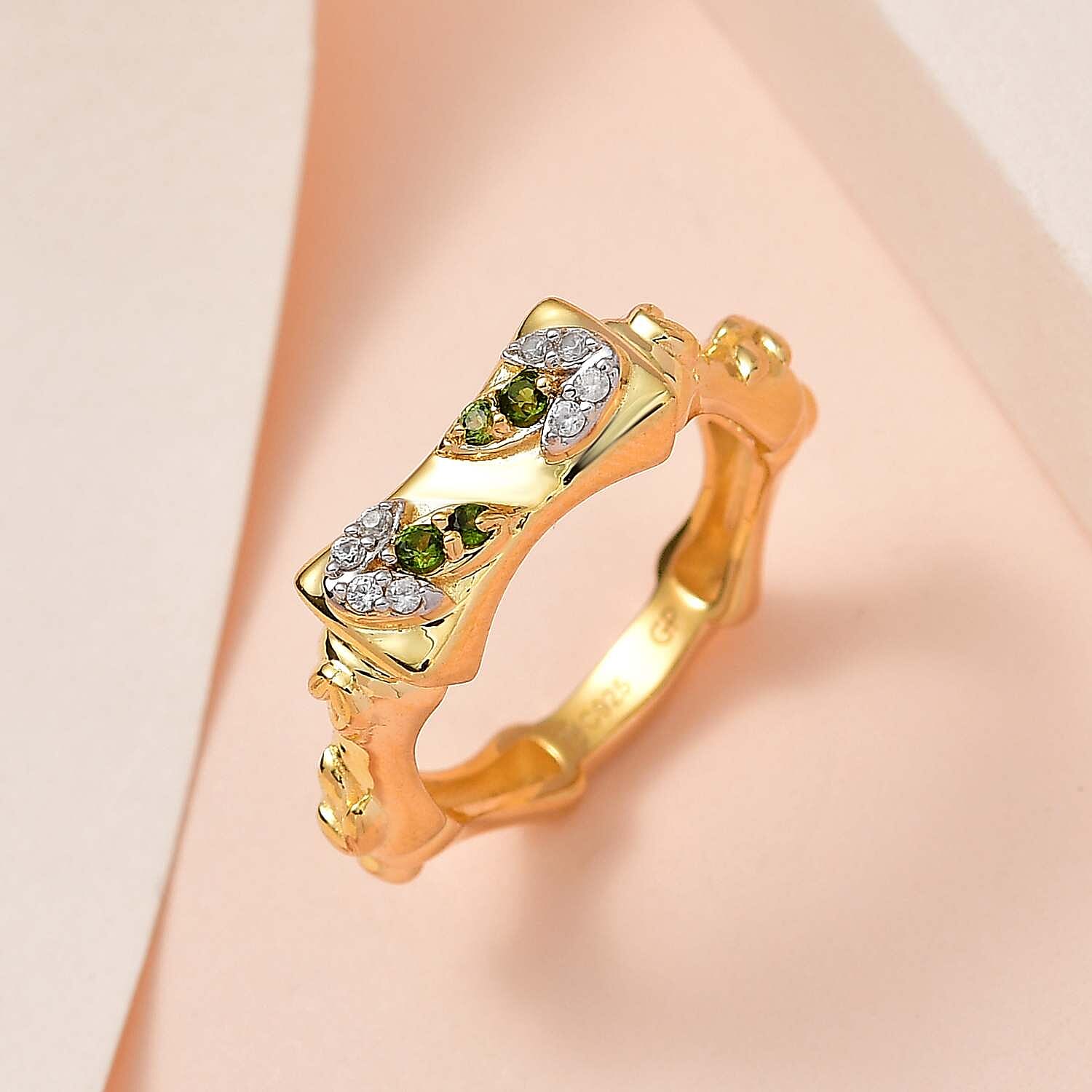 GP- Bamboo Collection - Natural Chrome Diopside and Natural Zircon Ring in 18K Vermeil Yellow Gold Plated Sterling Silver