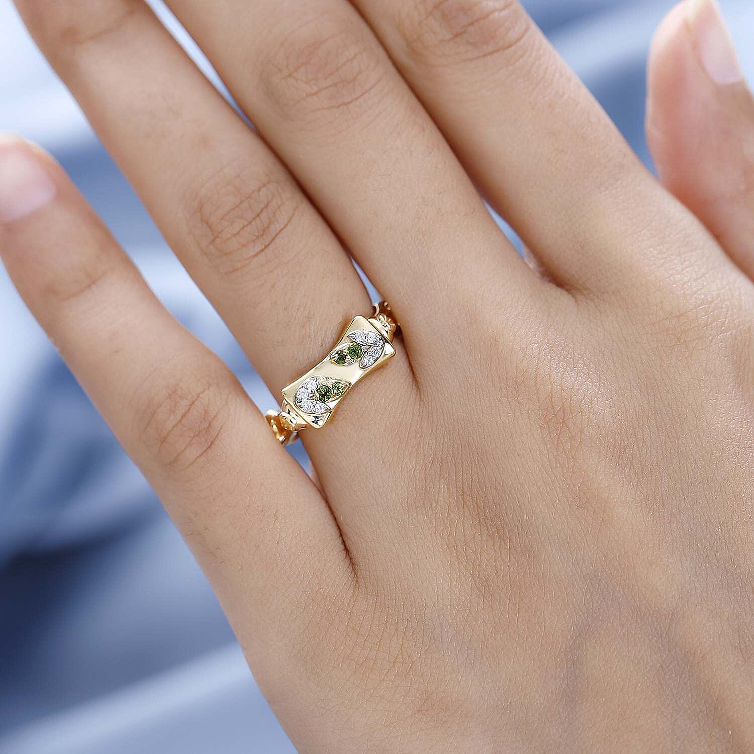 GP- Bamboo Collection - Natural Chrome Diopside and Natural Zircon Ring in 18K Vermeil Yellow Gold Plated Sterling Silver