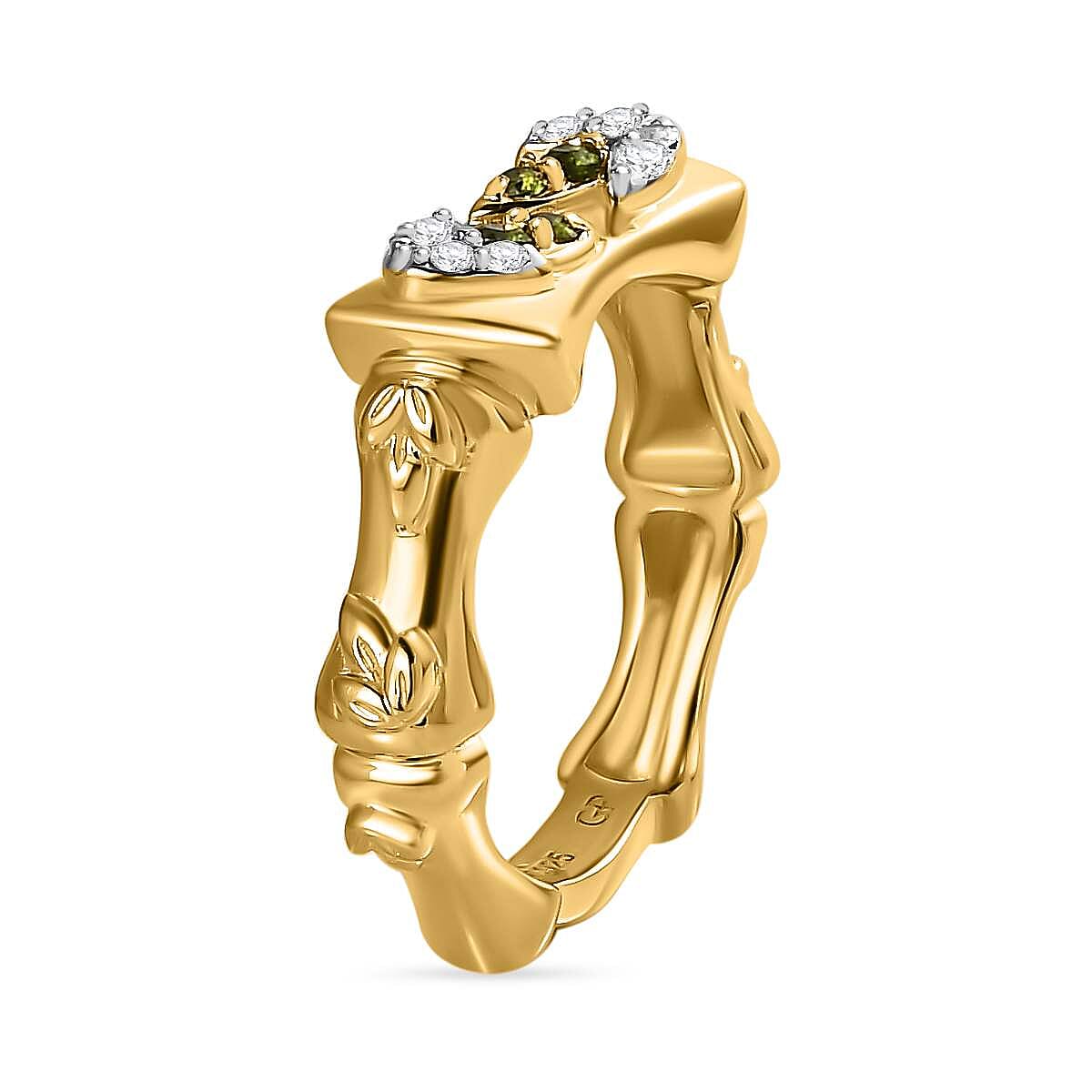 GP- Bamboo Collection - Natural Chrome Diopside and Natural Zircon Ring in 18K Vermeil Yellow Gold Plated Sterling Silver