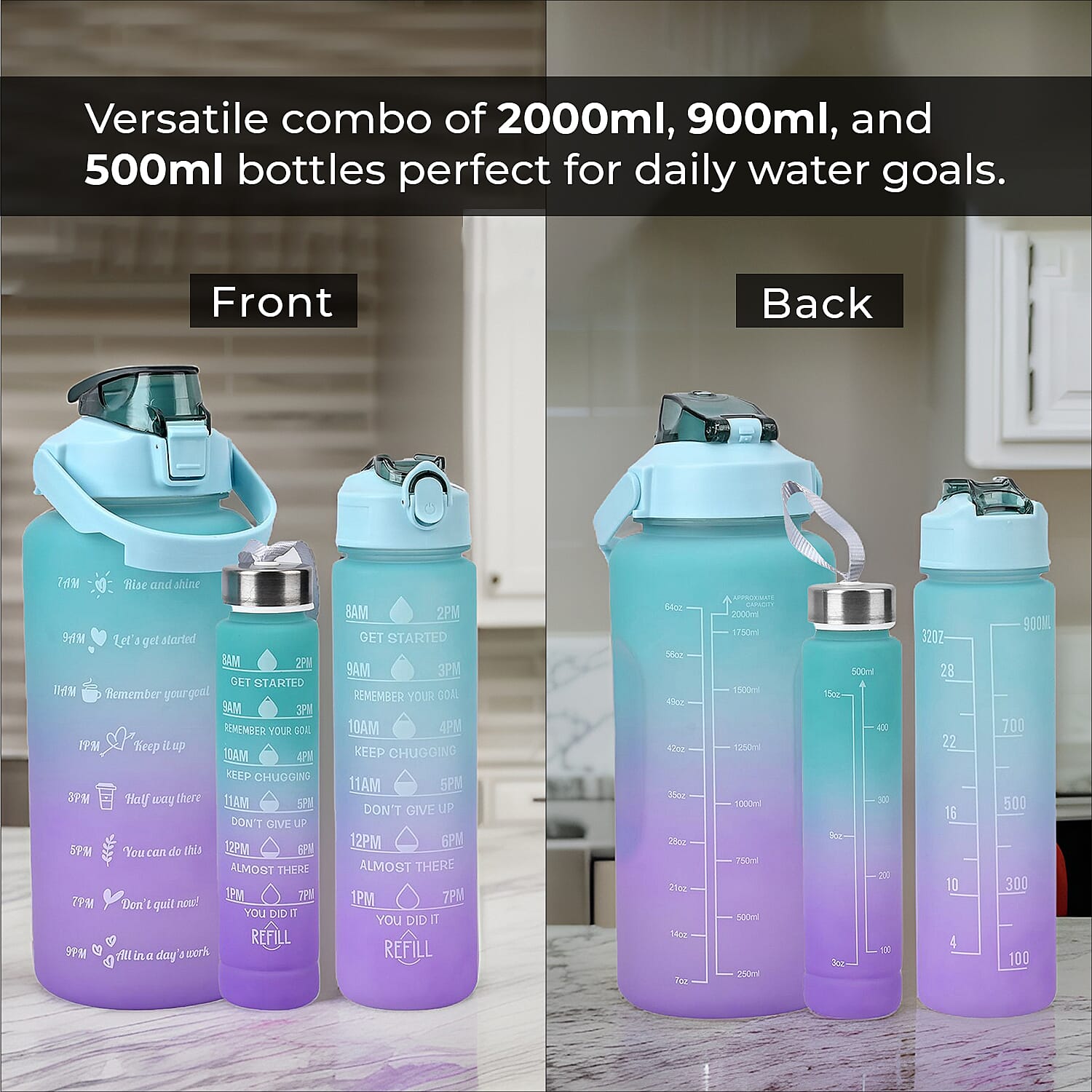 Closeout Deal - Set of 3 Sport Water Bottles with Gradient Colour Design - Black