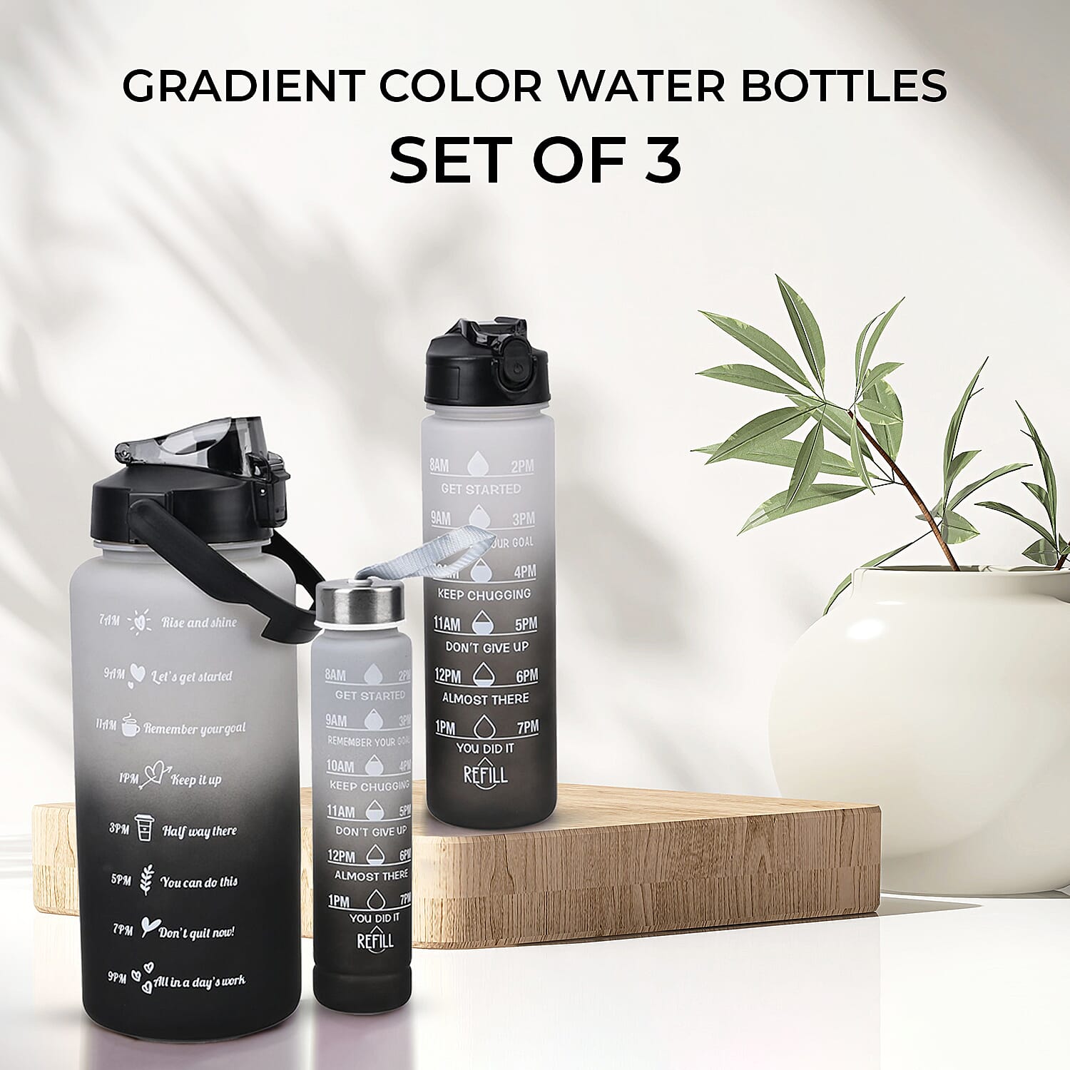 Closeout Deal - Set of 3 Sport Water Bottles with Gradient Colour Design - Black