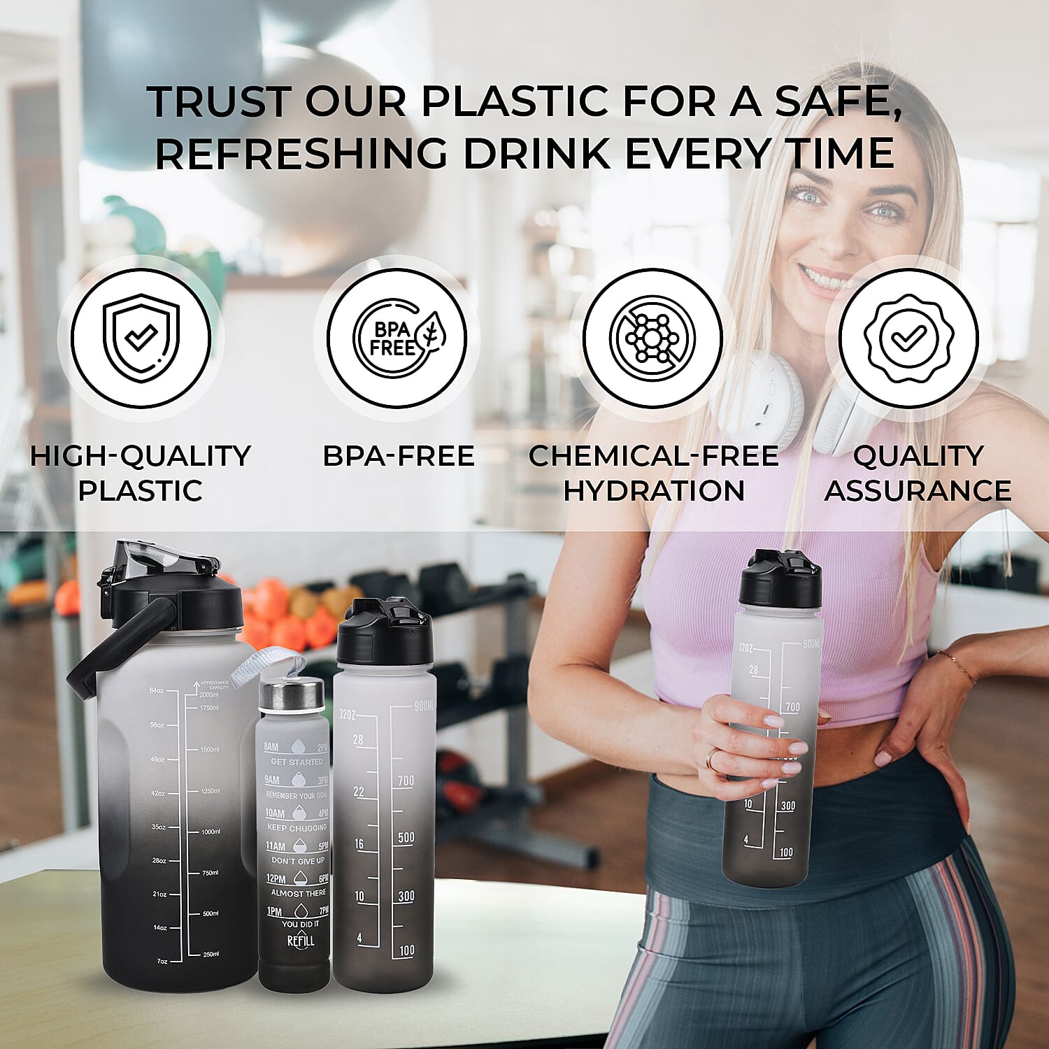 Closeout Deal - Set of 3 Sport Water Bottles with Gradient Colour Design - Black