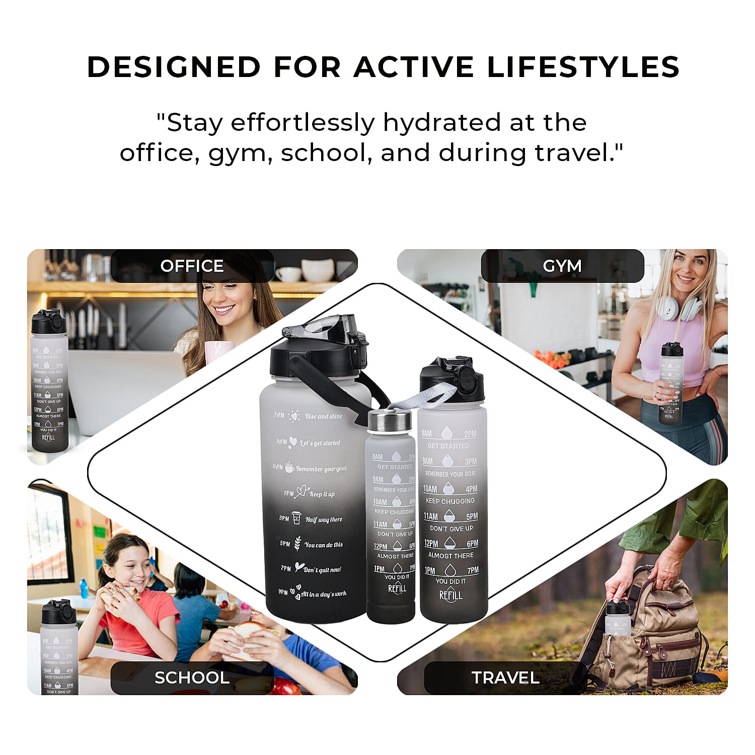 Closeout Deal - Set of 3 Sport Water Bottles with Gradient Colour Design - Black