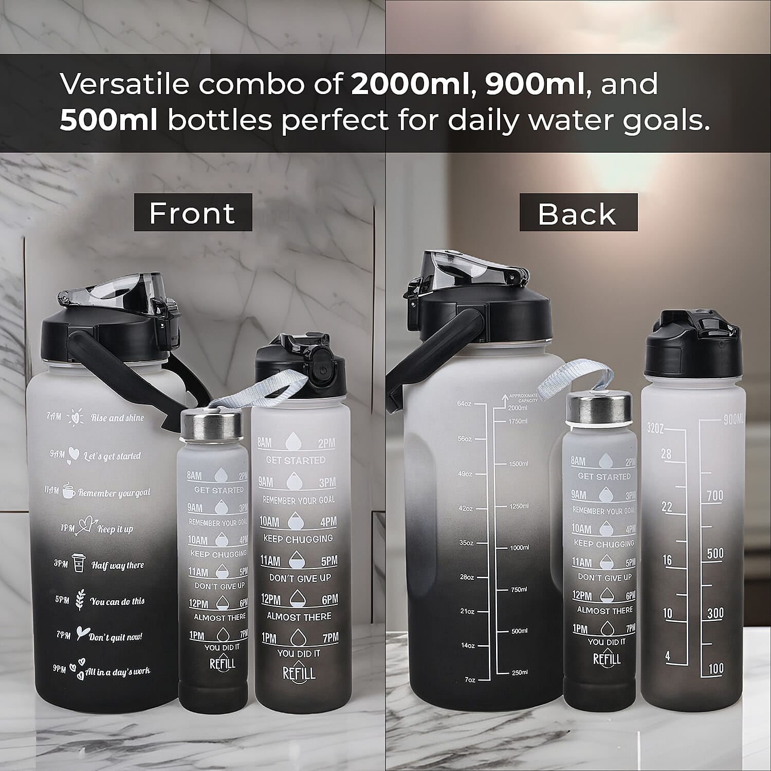 Closeout Deal - Set of 3 Sport Water Bottles with Gradient Colour Design - Black