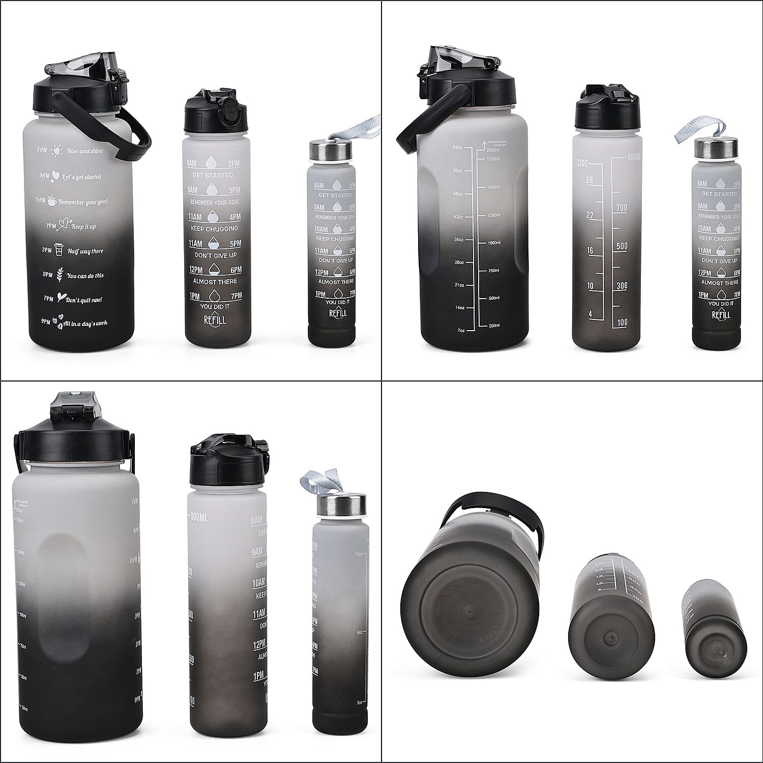 Closeout Deal - Set of 3 Sport Water Bottles with Gradient Colour Design - Black