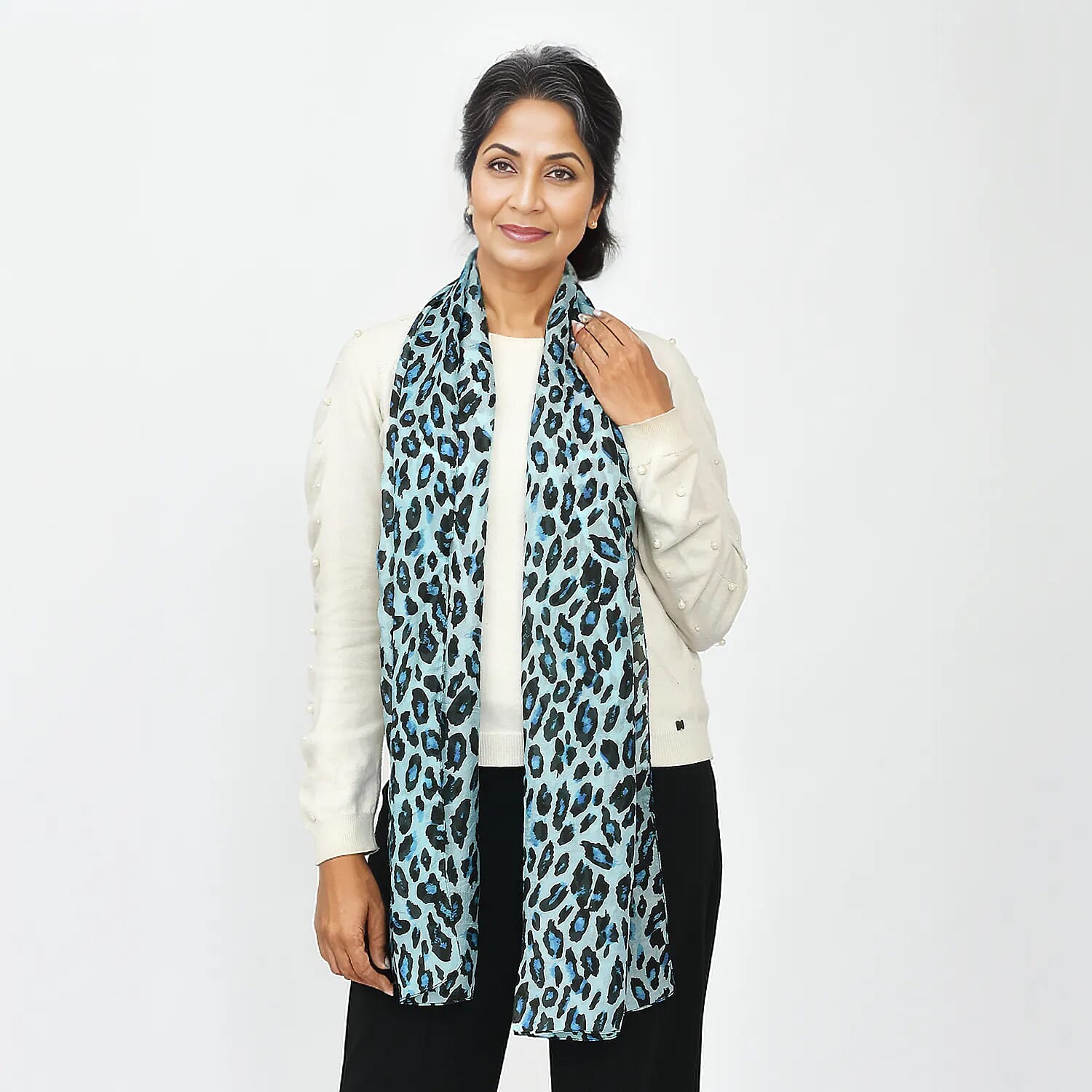 La Marey 100% Mulberry Silk Leopard Printed Scarf (Size 175x50 cm) - Blue & Black