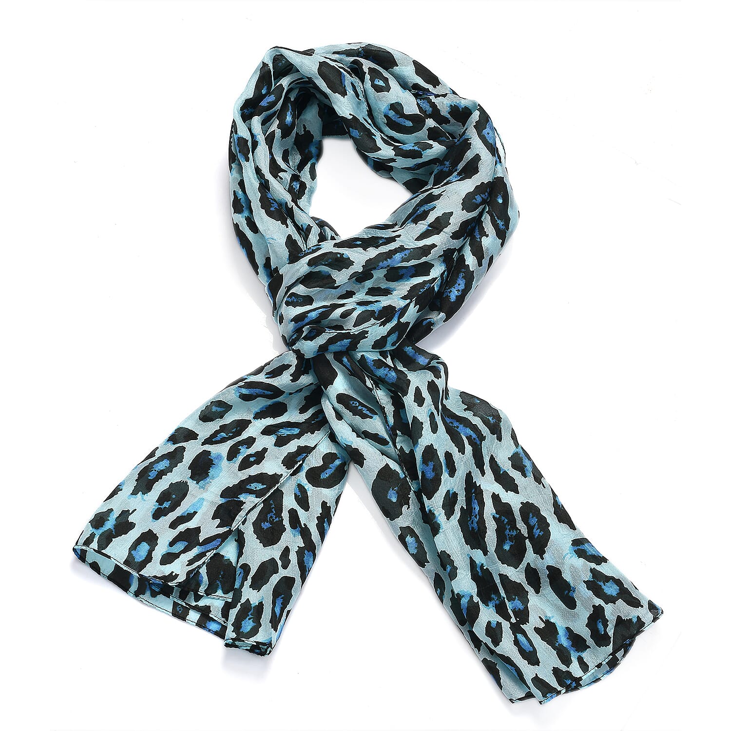 La Marey 100% Mulberry Silk Leopard Printed Scarf (Size 175x50 cm) - Blue & Black