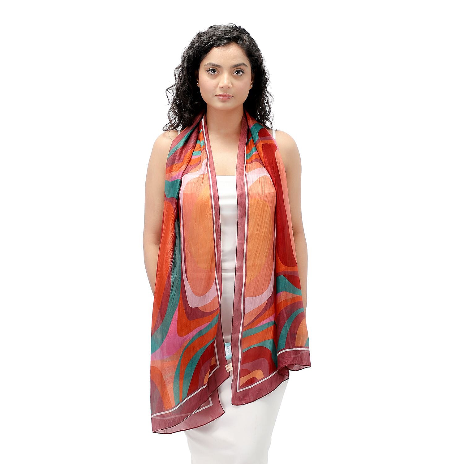 LA-MAREY 100% Silk Abstract Pattern Printed Scarf (Size-180x50cm) - Orange - Multi