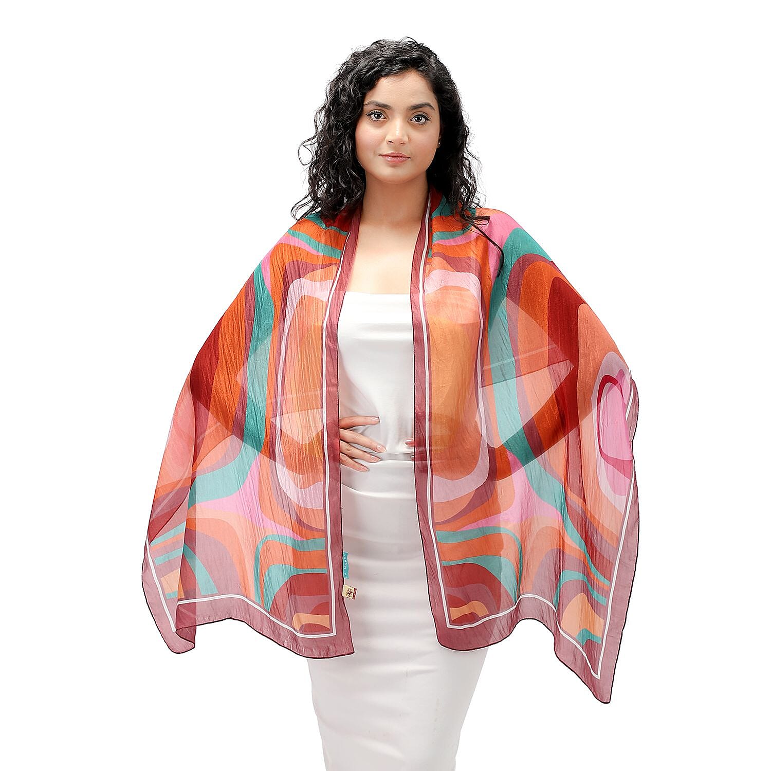 LA-MAREY 100% Silk Abstract Pattern Printed Scarf (Size-180x50cm) - Orange - Multi