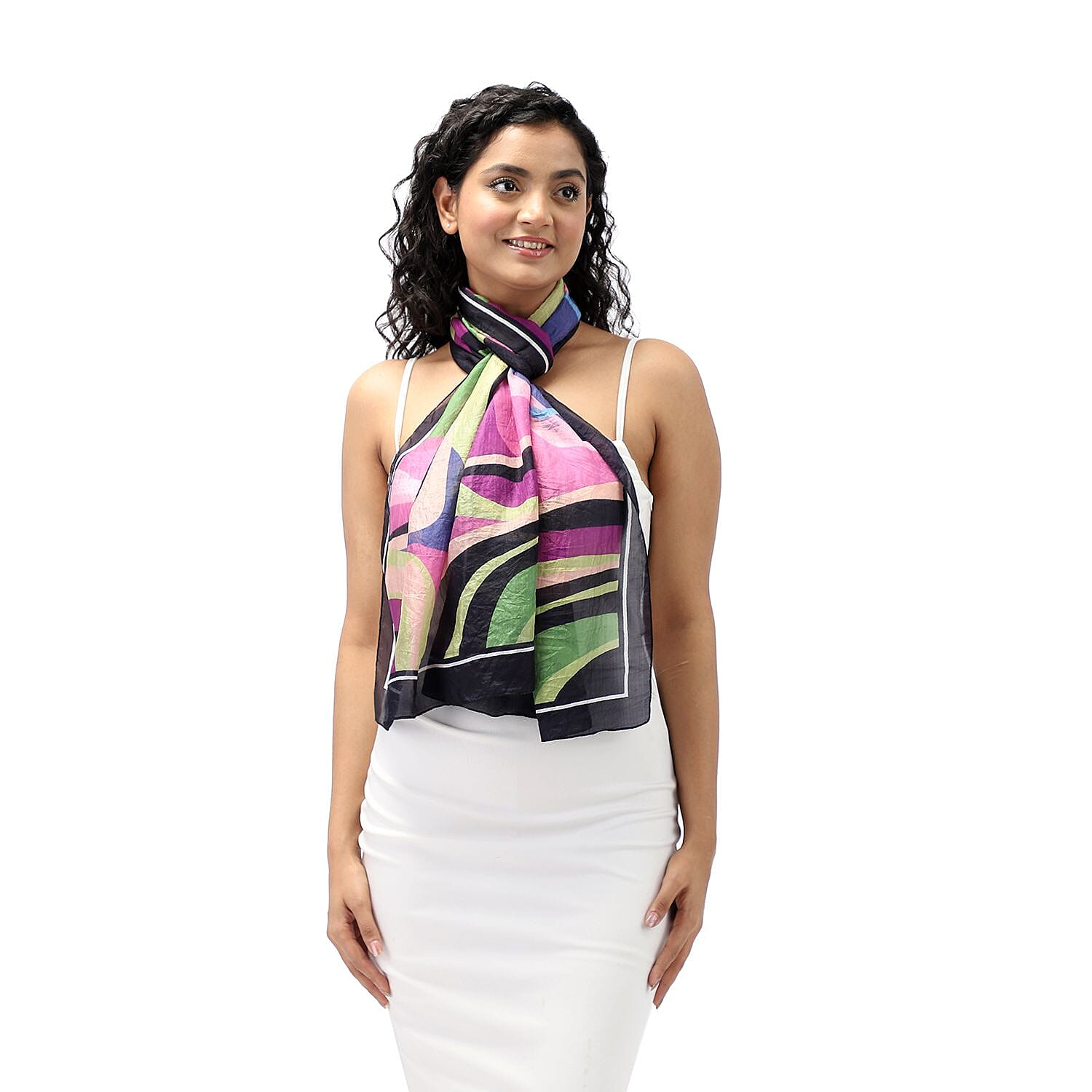 LA-MAREY 100% Silk Abstract Pattern Printed Scarf (Size-180x50cm) - Green, Purple & Multi