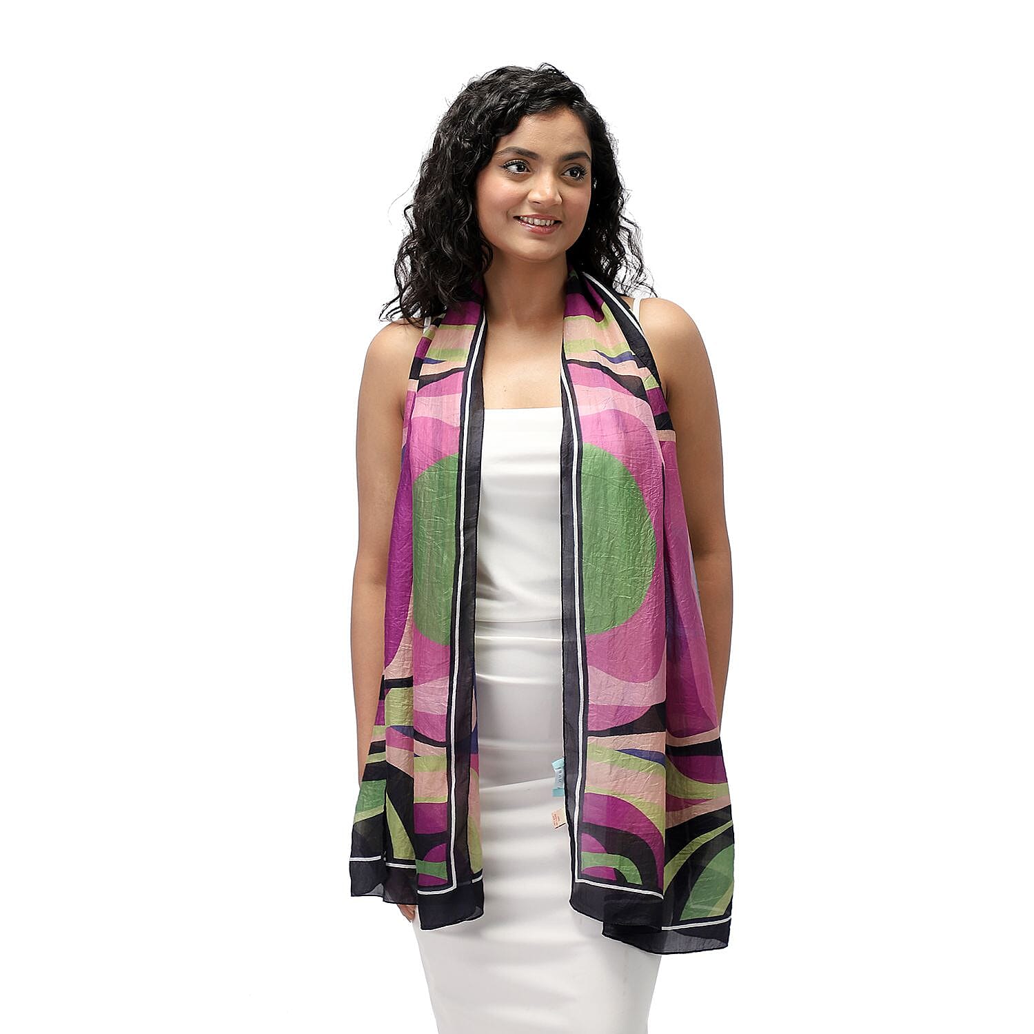 LA-MAREY 100% Silk Abstract Pattern Printed Scarf (Size-180x50cm) - Green, Purple & Multi
