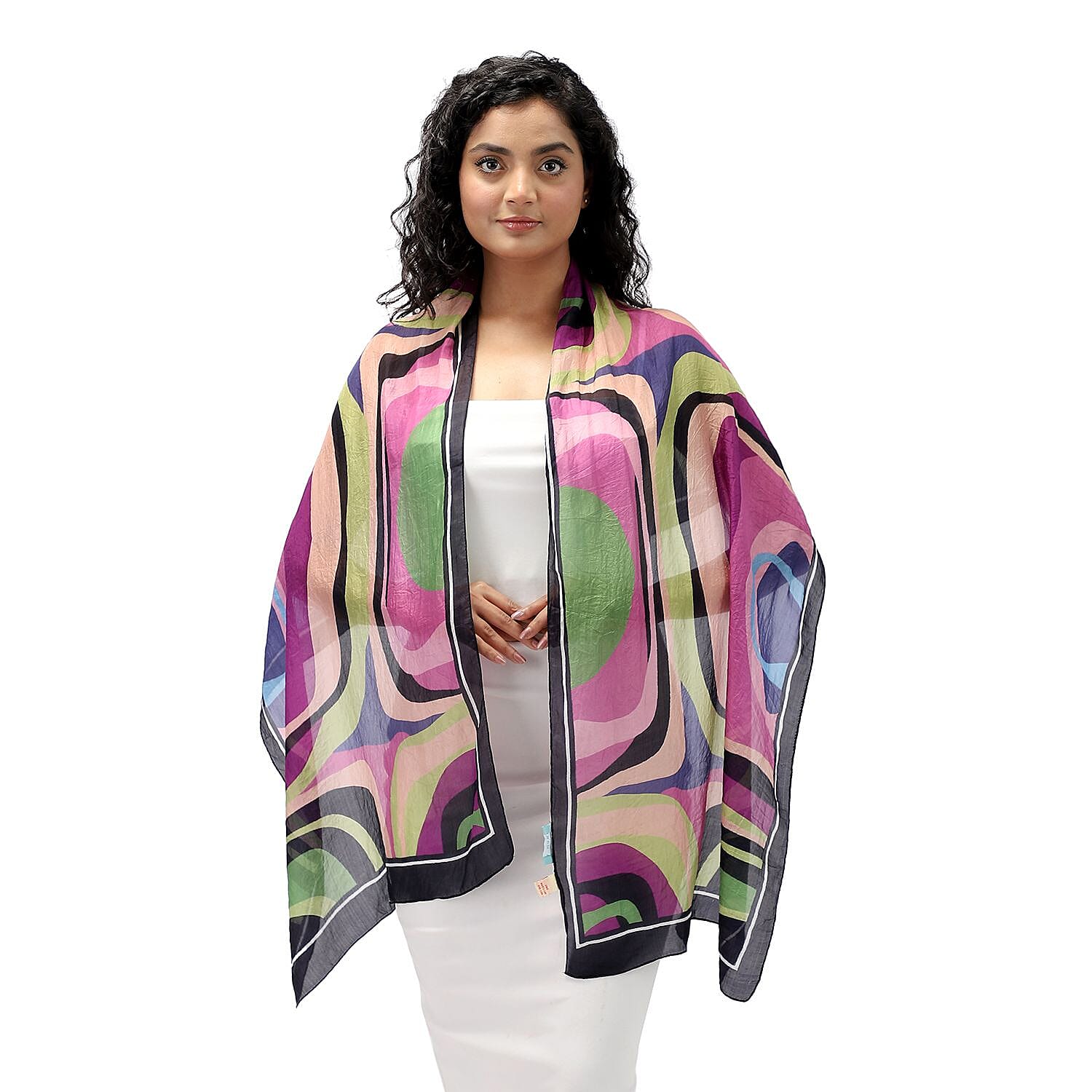 LA-MAREY 100% Silk Abstract Pattern Printed Scarf (Size-180x50cm) - Green, Purple & Multi