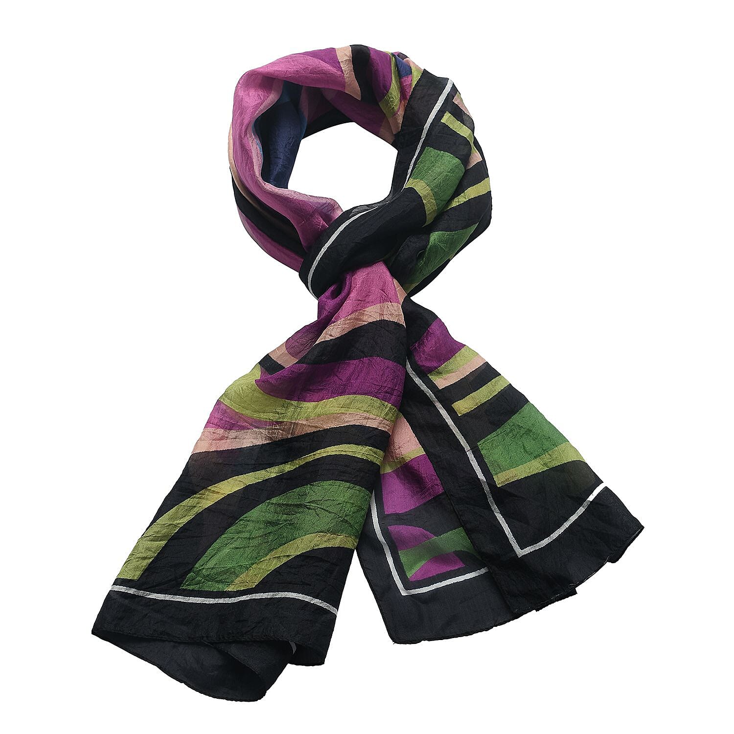 LA-MAREY 100% Silk Abstract Pattern Printed Scarf (Size-180x50cm) - Green, Purple & Multi