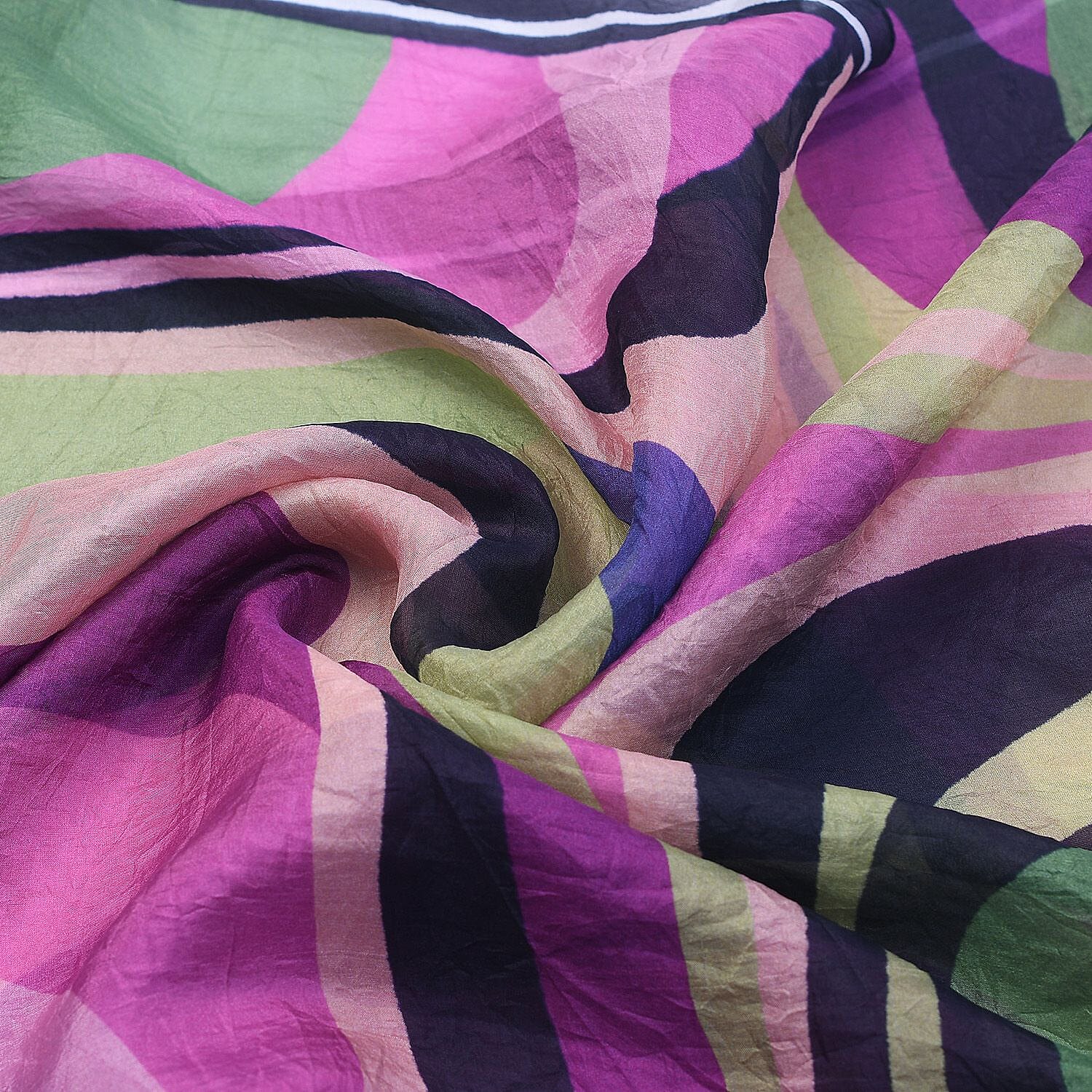 LA-MAREY 100% Silk Abstract Pattern Printed Scarf (Size-180x50cm) - Green, Purple & Multi