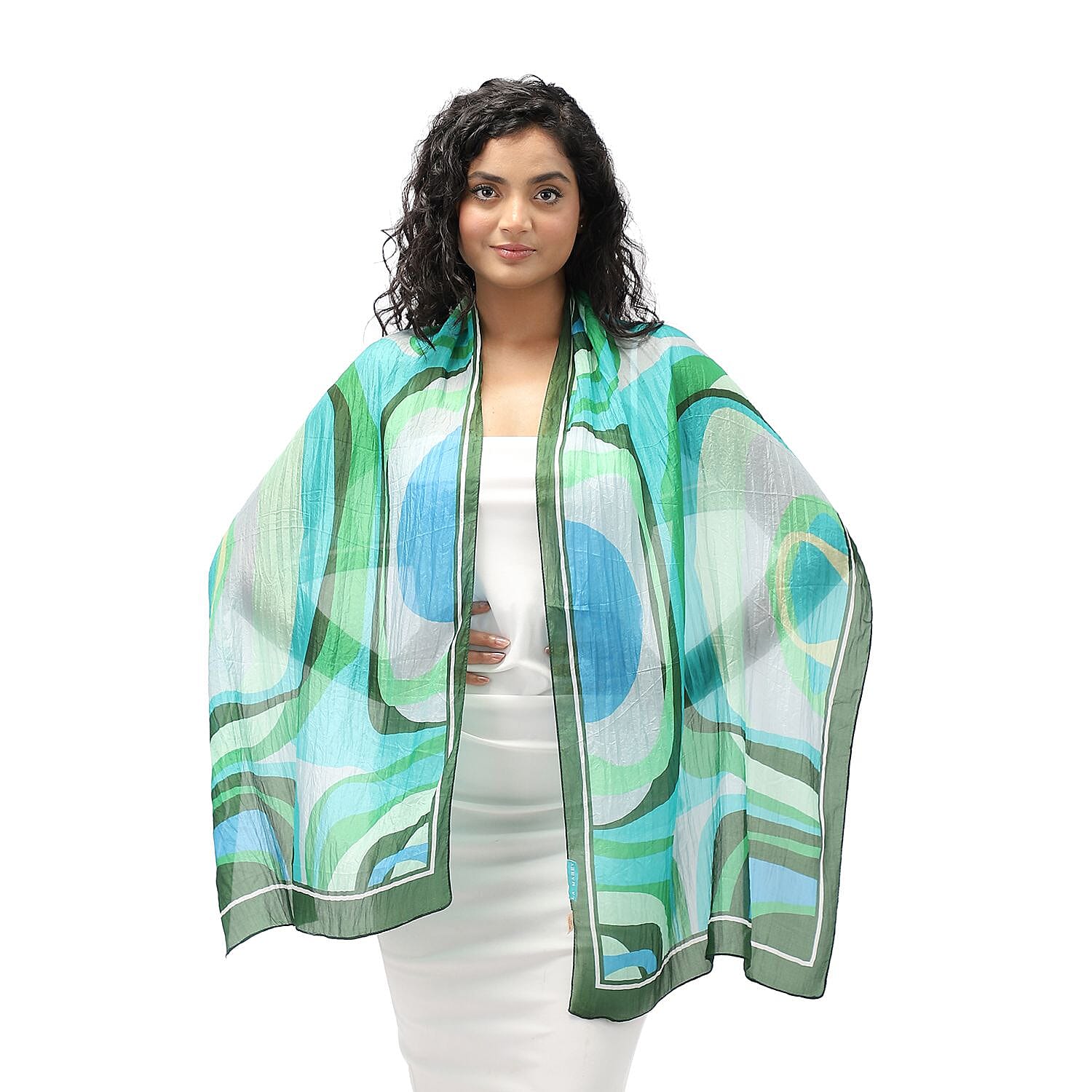 LA-MAREY 100% Silk Abstract Pattern Printed Scarf (Size-180x50cm) - Turquoise & Multi