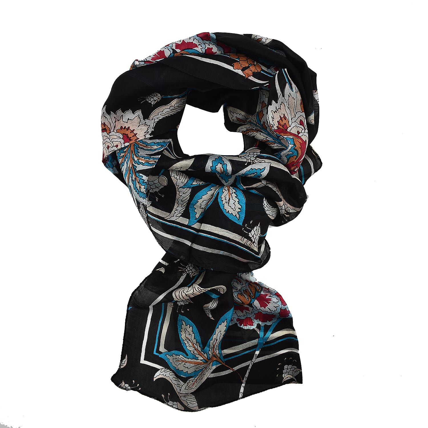 La Marey Silk Printed Scarf (Size 180x1 cm) - Black & Black